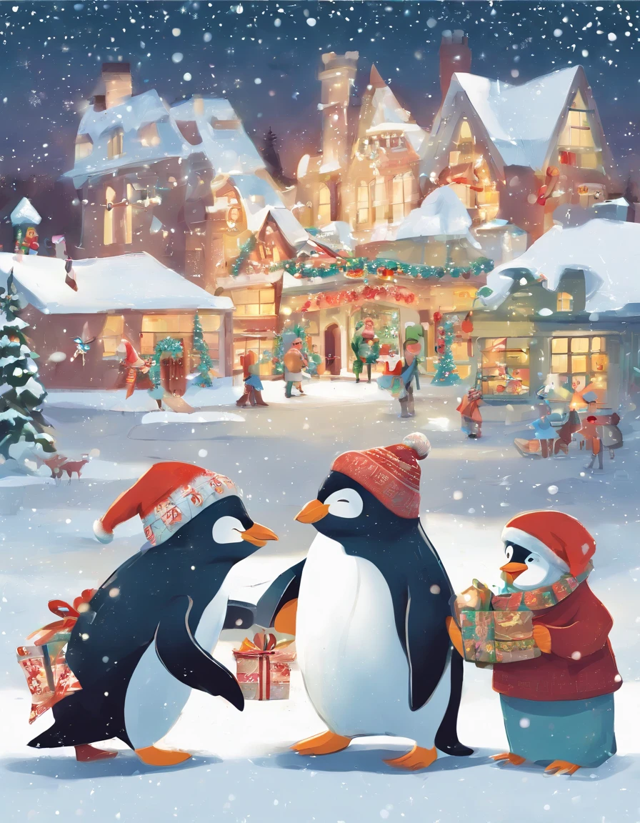 "Design a heartwarming Christmas illustration featuring a group of cheerful penguins adorned in festive scarves and hats, exchanging gifts in a snowy wonderland. Use a soft color palette, and emphasize the joy and camaraderie of the holiday season