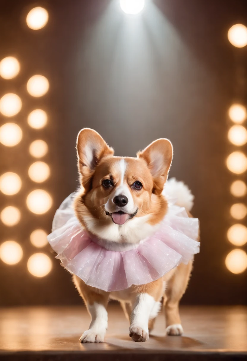 A Corgi dressed in a ballet tutu, standing on a stage with spotlights shining on it. The image style is graceful and artistic, with a 3:4 aspect ratio