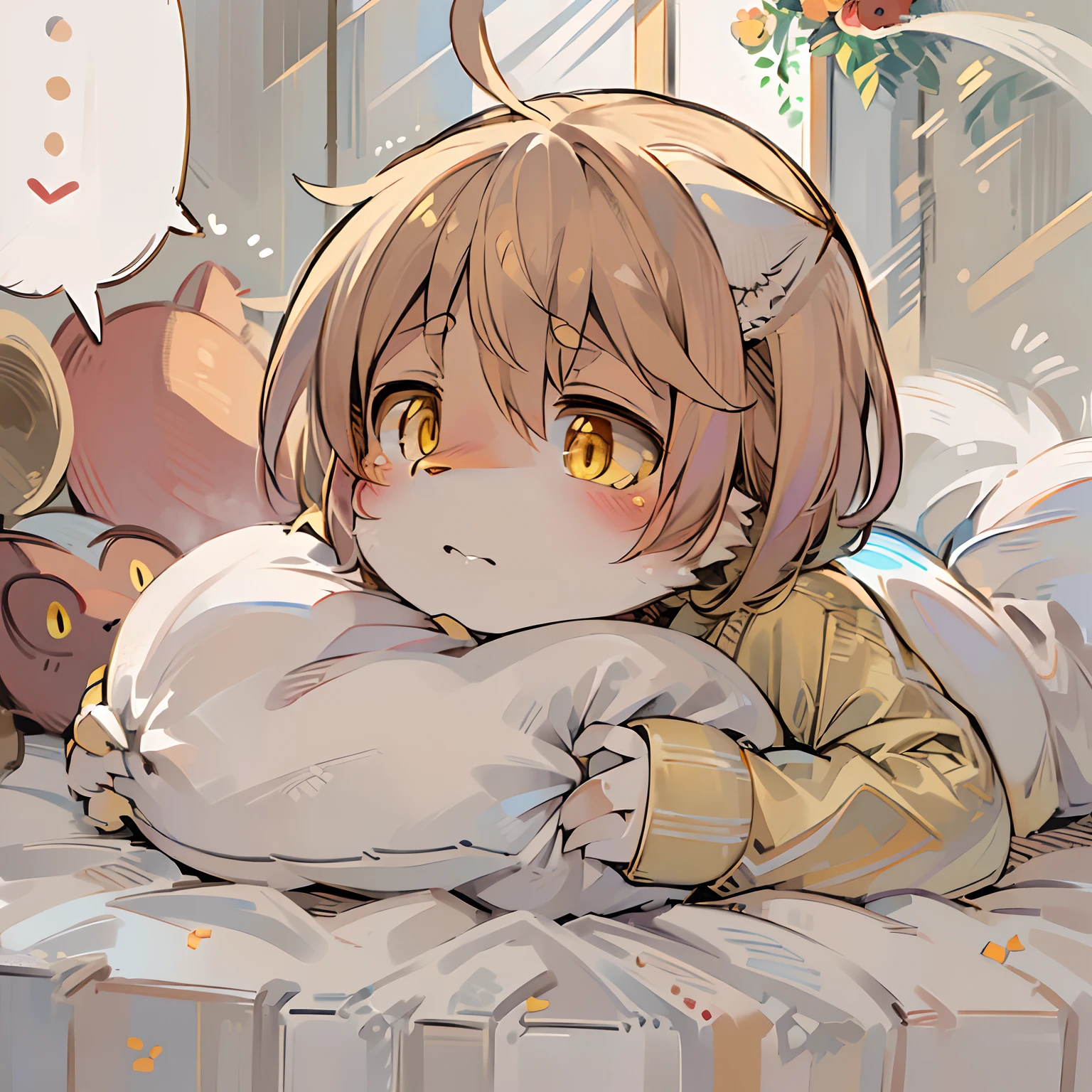 6 girl,Masterpiece, High quality, There is a data cable next to it,absurd res, Digital painting \(artwork of a\), by Dagasi, Yupa,Kiyosan,(Fluffy fur:1.1),(Bright:0.8),anthro female cat. (Yellow eyes,White-yellow fur, Yellow ears,Full body fur, Cat nose:1.2), Bright eyes,in a panoramic view,Character focus.Simplify the background,(Shy,Dong didn't wear anything,Lying on the bed:1.2)