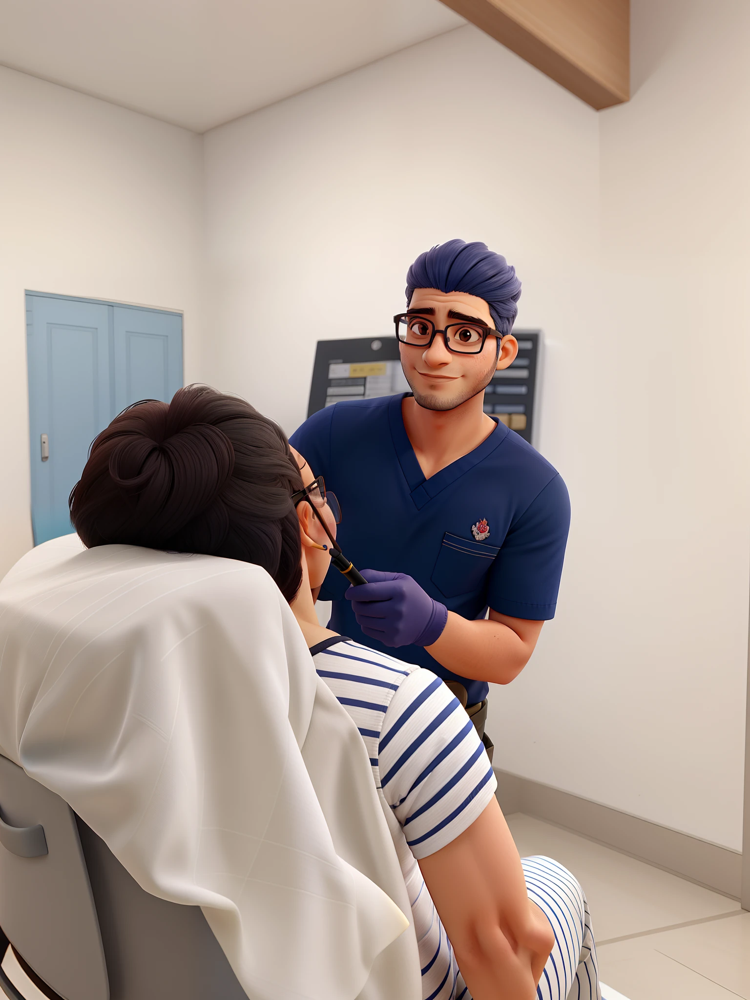 sou dermatologista loiro, escuro olhos castanhos, I wear glasses and work with a navy blue scrub