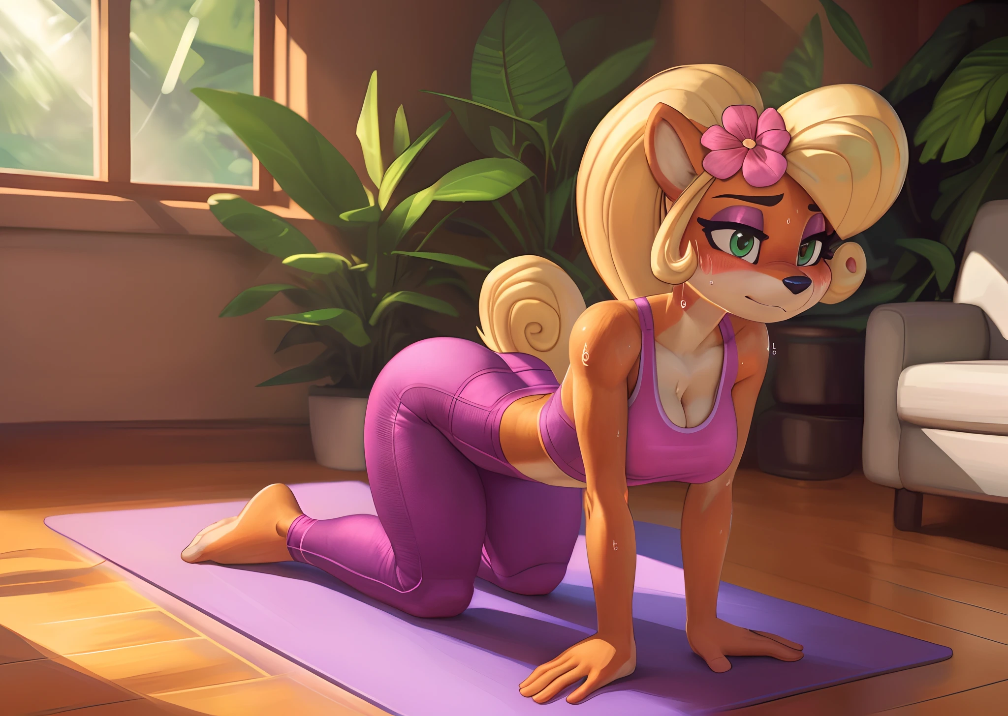 [Coco bandicoot], [Uploaded to e621.net; (Pixelsketcher), (wamudraws)], ((masterpiece)), ((high quality)), ((HD)), ((solo portrait)), ((full body)), ((POV)), ((back view)), ((front view)), ((furry; anthro)), ((detailed fur)), ((detailed shading)), ((beautiful render art)), ((intricate details)), {anthro; orange fur, black nose, (cute green eyes), (short eyelashes), (pink eyeshadow), blonde curly hair, curly ponytail, (beautiful feet), (sweating), (blushing), (nervous smirk)}, {(black sports bra pink lining), (small boobs), (nipple outline), (pink spandex yoga pants), (black toeless socks), (pink flower in hair)}, {(on yoga mat), (on knees), (all fours), (looking down)}, [background; (tropical forest), (living room), (window), (sun rays), (pink laptop on floor)]