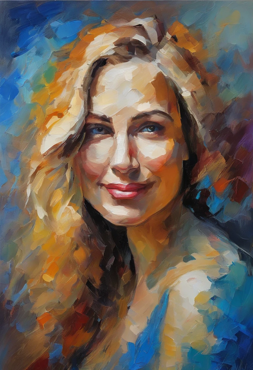 portrait of a woman, Very beautiful woman, Long Blond Hair, Smiling eyes staring at the camera, Smiling mouth, Expose the blue P dress, acrylic painting, Bold and expressive brushwork, Impressionistic style, Spectacular surreal background, Very heavy brush strokes with thick textured paint, Expert lighting and shadows, High contrast, Fine Art Painting, Wadim Kashin.