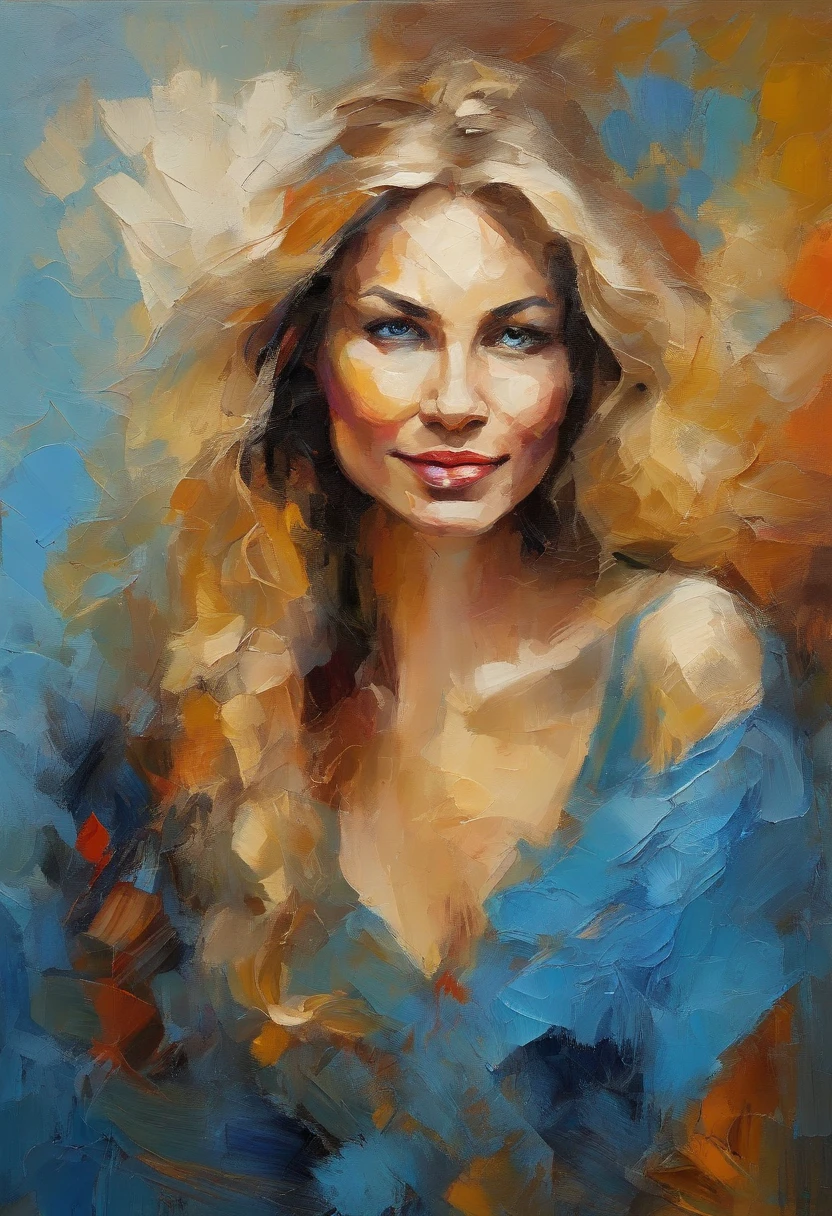 portrait of a woman, Very beautiful woman, Long Blond Hair, Smiling eyes staring at the camera, Smiling mouth, Expose the blue P dress, acrylic painting, Bold and expressive brushwork, Impressionistic style, Spectacular surreal background, Very heavy brush strokes with thick textured paint, Expert lighting and shadows, High contrast, Fine Art Painting, Wadim Kashin.