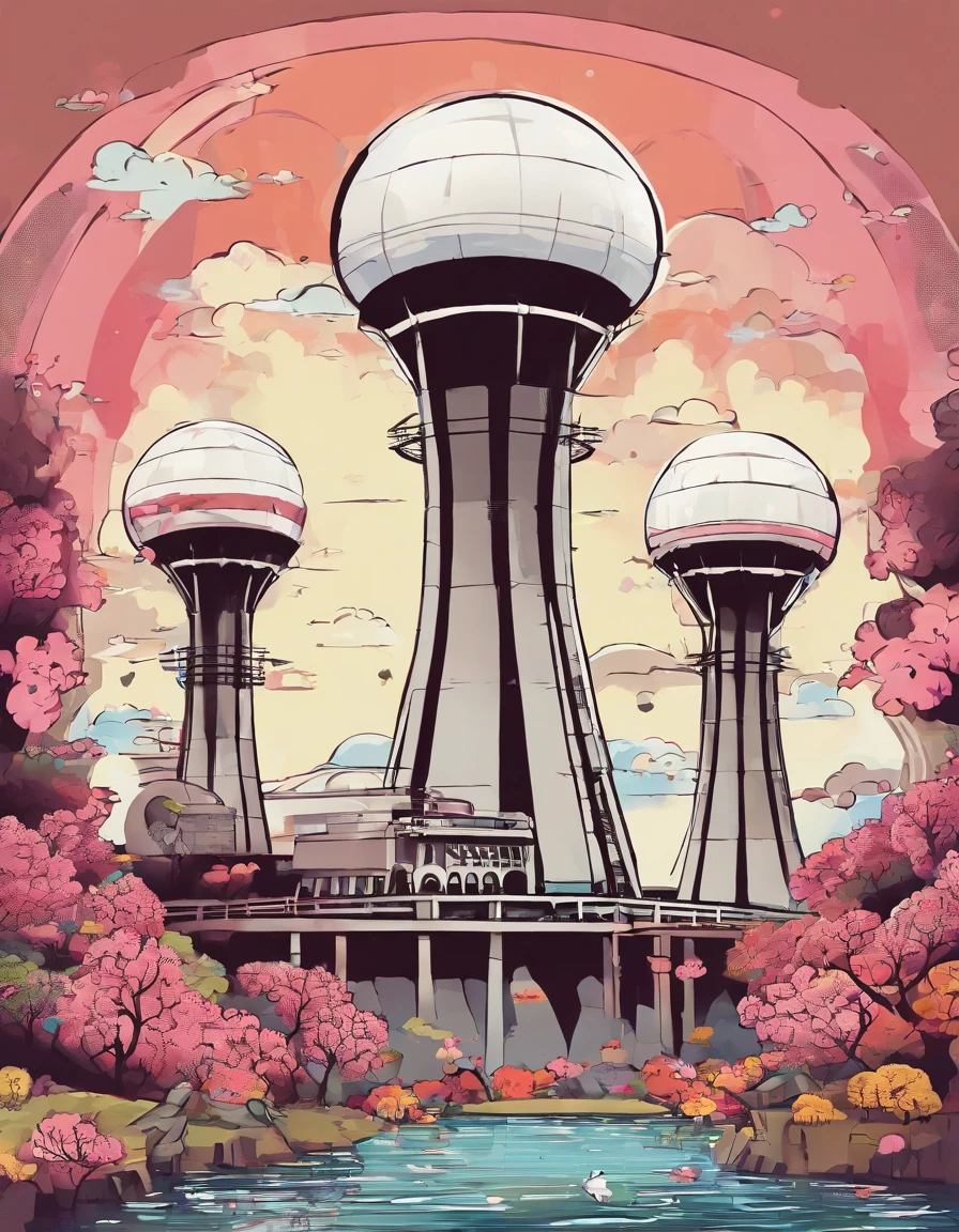 IP design，Cute cartoon，Not human，It is the cooling water tower of the power plant，largeeyes，ssmile，Two-headed body