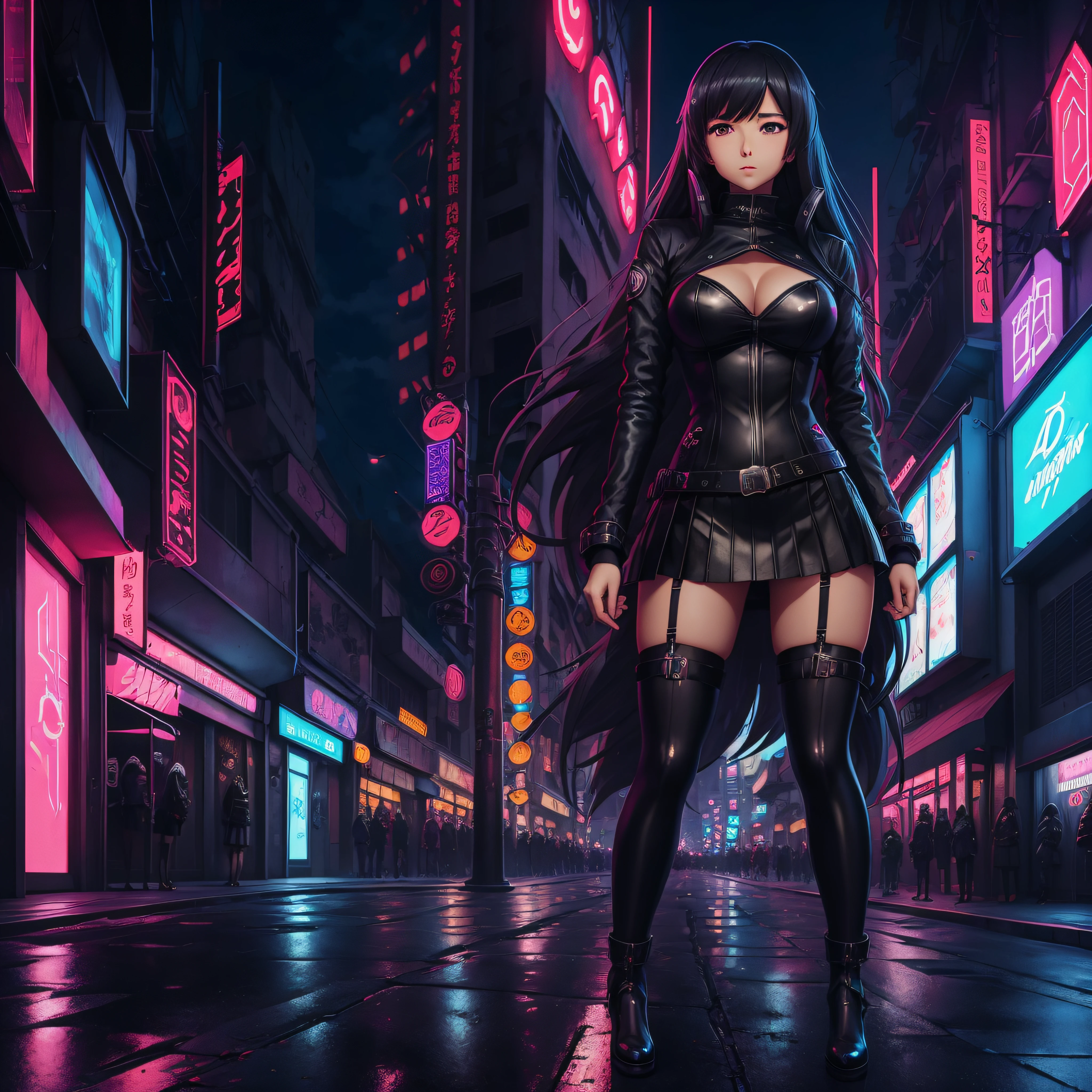 Anime girl standing on city street in leather skirt and black erotic lingerie, Long-haired Ilya Kuvshinov, Guviz style artwork, Anime art wallpaper 8k, Gwitz at Art Station Pissif, Gwiz at Pisciv Art Station, cyberpunk anime art --auto