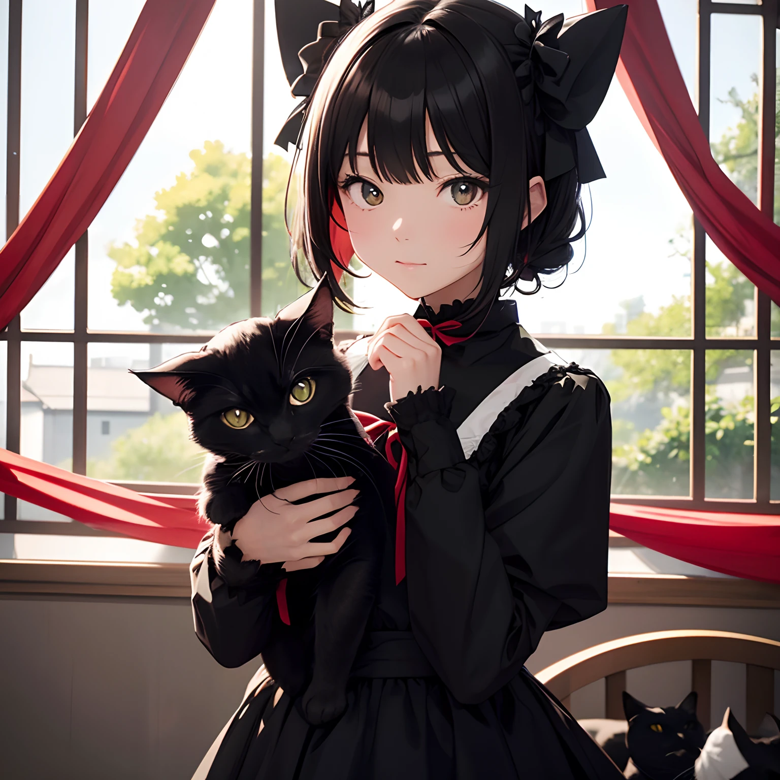 Black cat、Not human、Tiere、catss、black cat、Red Ribbon Color、View Viewer、The background is shoji、