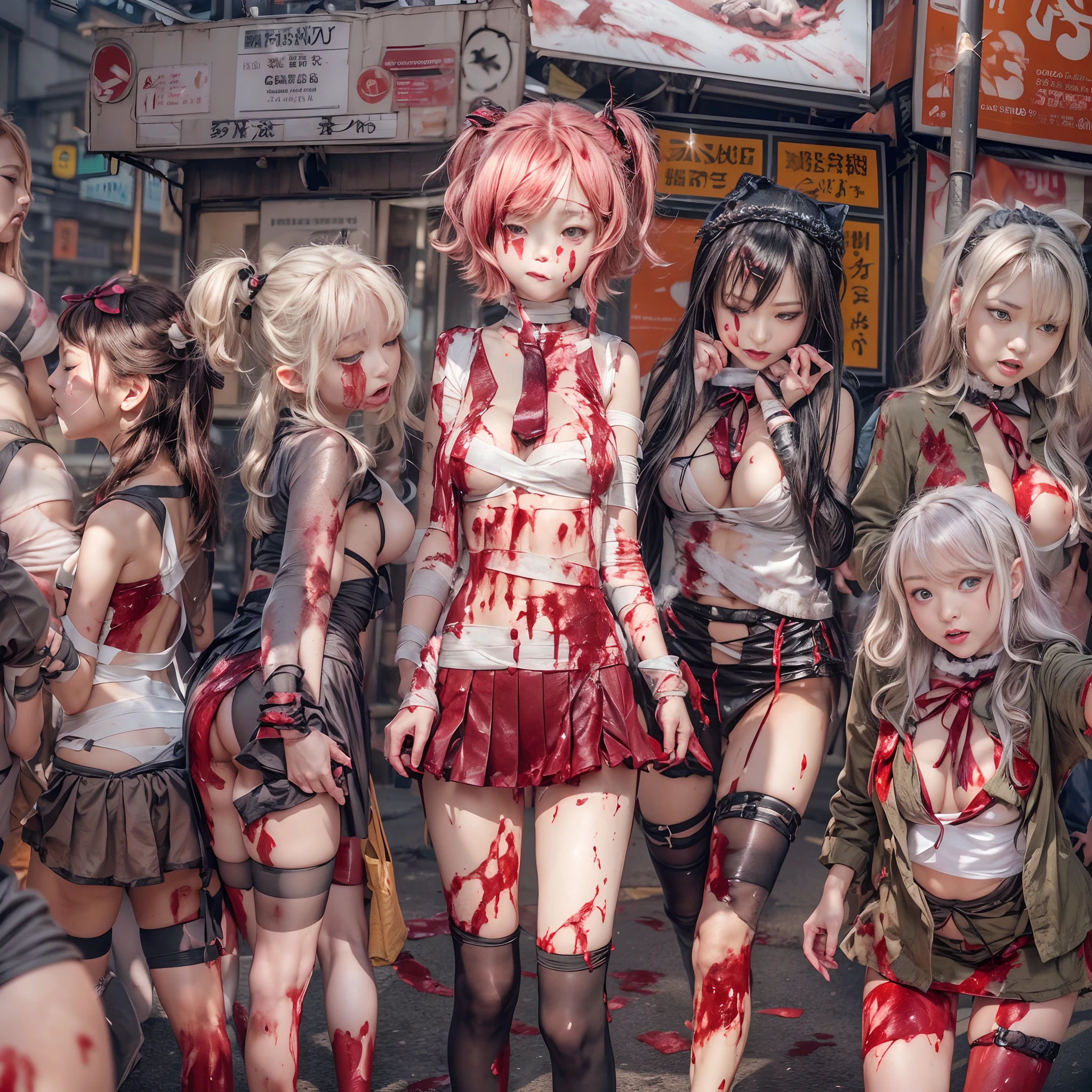 (((SFW, NSFW STILL SHOW, 12 Tiny Girls in a row:1.2, Shibuya Hachiko-mae scramble crossing on Halloween:1.2))), ((masterpiece:1.2, best quality, photorealistic:1.37)), {(Standing Full Body:1.2)|(from below:1.2)}, bandaged full body, { (bandaged head| bandaged limbs | Blood is dripping from the crotch) }, {((naked bandage))|metallic red nipple stickers}, {((bloody))|blood paste|(Blood-stained bandages)}, ((Detailed KAWAII face, Detailed glistening ivory skin)), {Bustling street|Crossroads|(Passerby schoolgirls)| halloween| neon}, {(Childish:1.2|Gigantic Cleavage:1.37|Underboob:1.2)}, {Red leather high collar| random weapons|shotgun|random hair colors}, {Floating hair|Strong wind|(((Ass focus)))}, Skirtlift, {(Kissing face to face)|:p|:d|laugh|sparkle|joyful|delighted|Drunk},extremely Detailed,