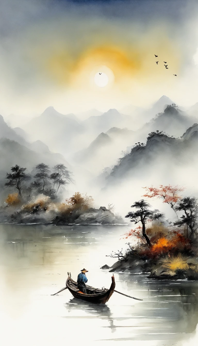 Chinese landscape painting,There are 2 characters,ink and watercolor painting,water ink,ink,Smudge,Faraway view,Ultra-wide viewing angle,Meticulous,Fishing boat vistas,Meticulous,Smudge,low-saturation,Low contrast,The light boat has crossed the Ten Thousand Heavy Mountains,Beautifully depicted,A detailed,acurate,Works of masters,tmasterpiece