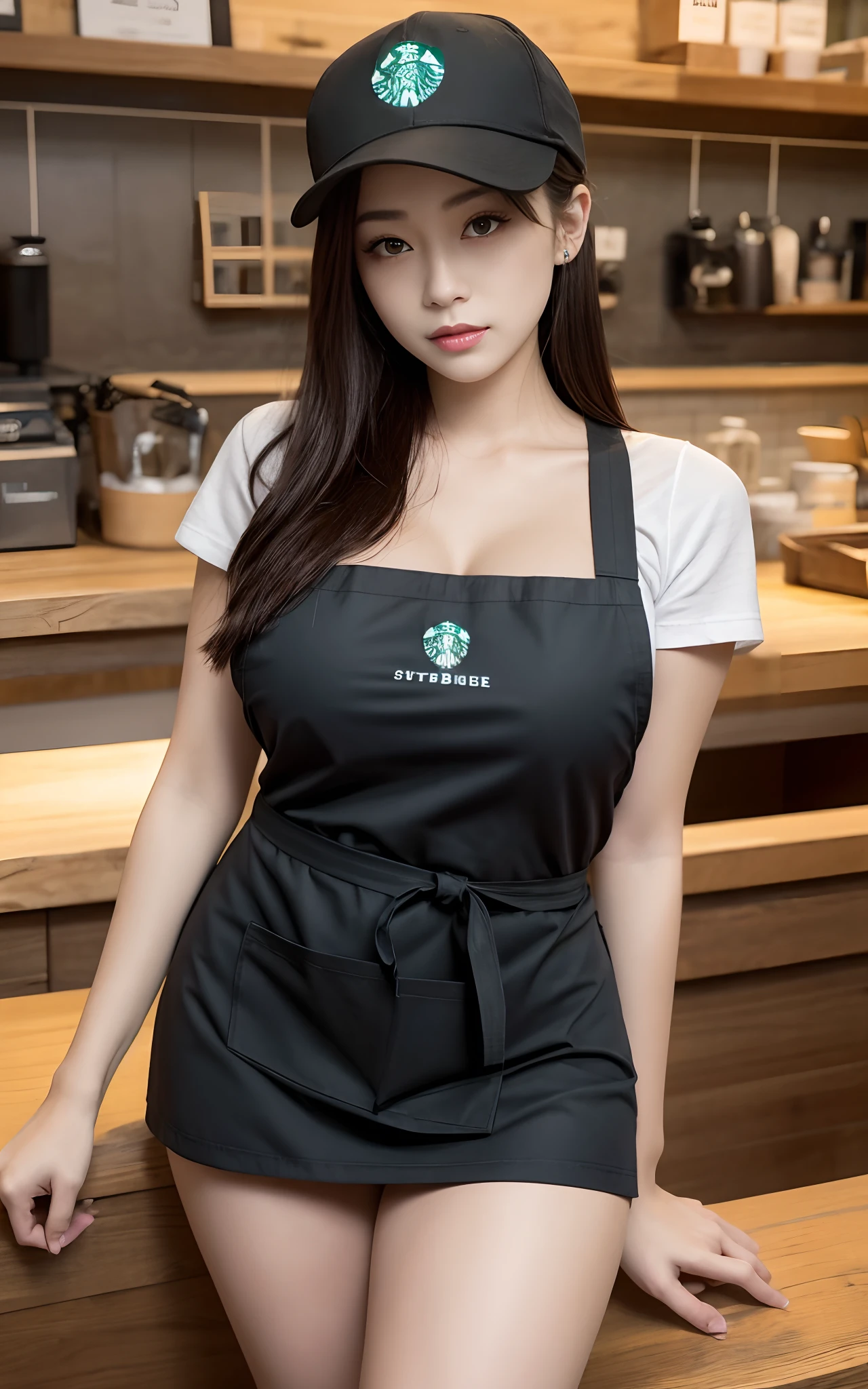 Cool beauty,Looks sweet, updo hair. only wearing dark green starbucks apron, off-shoulders, show clavage, (show big thigh, plump body), huge breast, full body photo, sitting on the floor. In coffee shop.