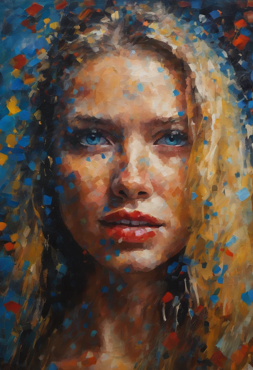 portrait of a woman, Very beautiful woman, Long Blond Hair, Smiling eyes staring at the camera, Smiling mouth, Expose the blue P dress, acrylic painting, Bold and expressive brushwork, Impressionistic style, Spectacular surreal background, Very heavy brush strokes with thick textured paint, Expert lighting and shadows, High contrast, Fine Art Painting, Wadim Kashin.