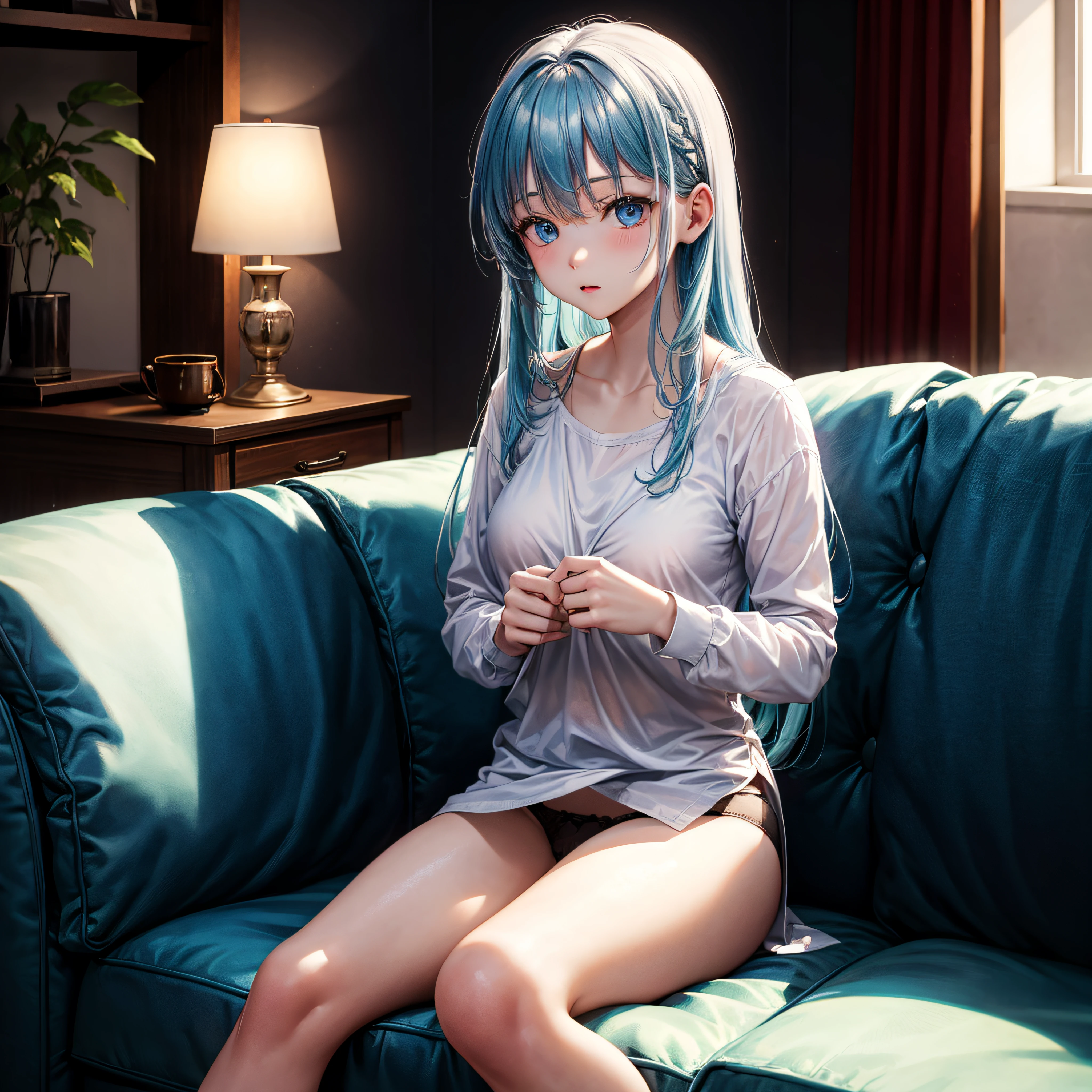realisitic、top-quality、sit on sofa、((One Woman:1.5))、lightblue hair、Very long hair、Light blue eyes、inside in room、white shirt、Open your clothes、Black underwear、Medium chest