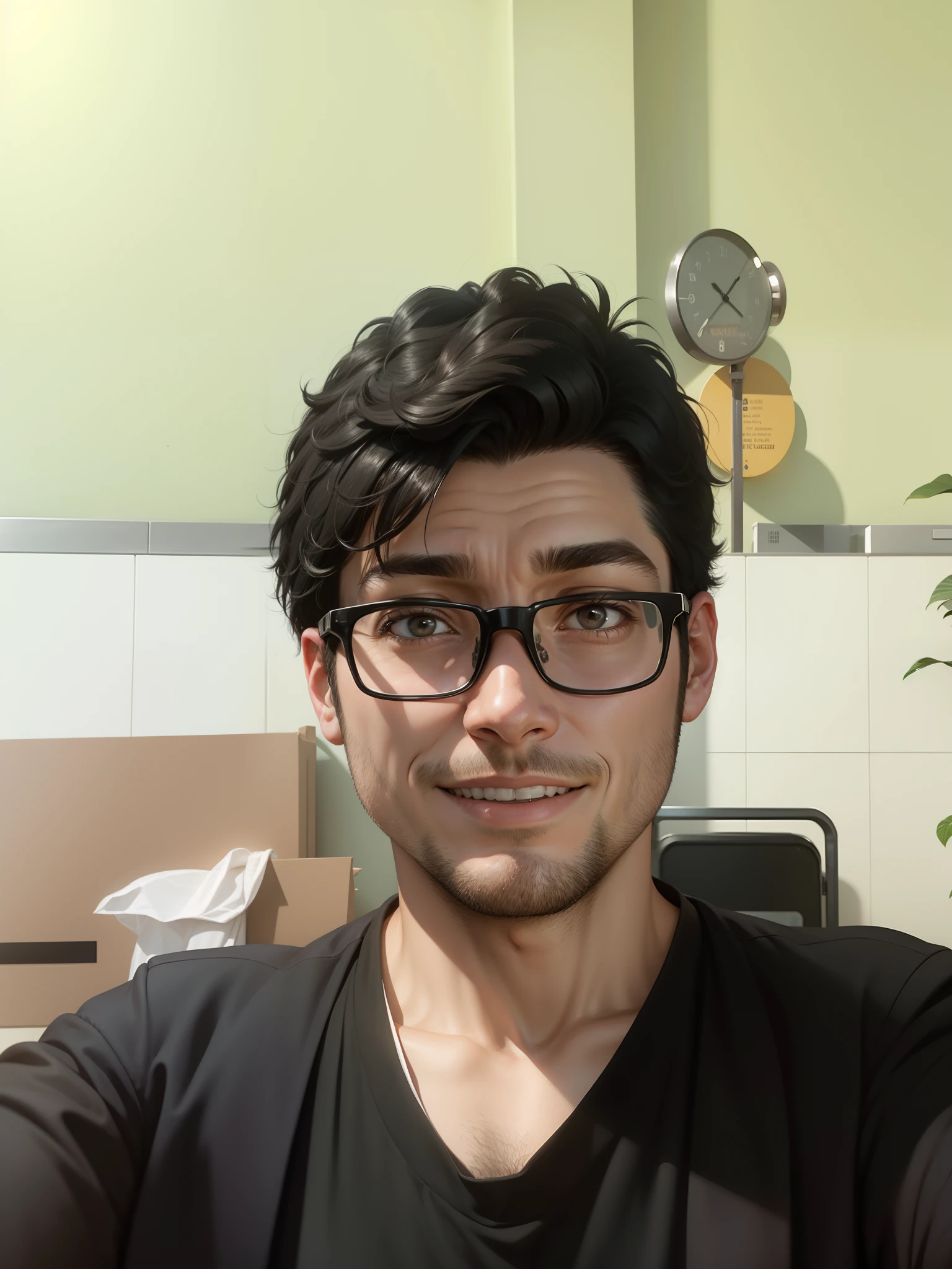 Realistic 8K Portrait image of a thin 30-year-old man, with short black hair, wearing a black blazer with a white blouse underneath, tense expression, walking in a decrepit hotel lobby. realistic face, smiling