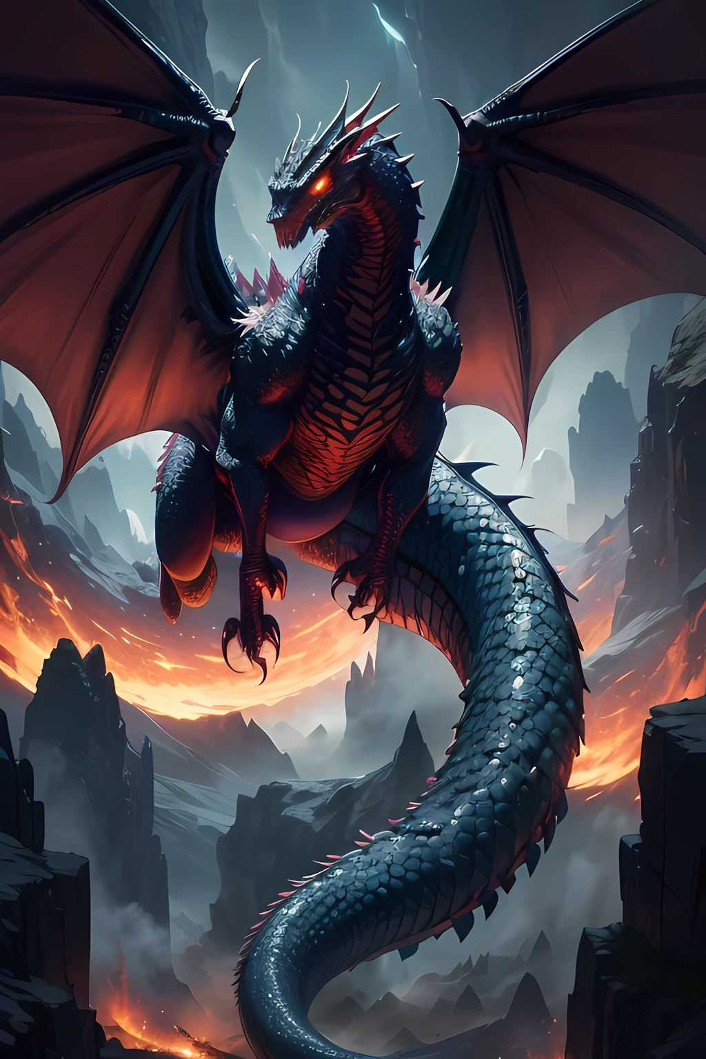 (highres:1.2),monster dragon,full-body,long snake,bird's-eye view,detailed scales,fierce expression,fiery breath,wings spread wide,sharp claws,glowing eyes,ominous shadows,mythical creature,fantasy landscape,vibrant colors,dramatic lighting