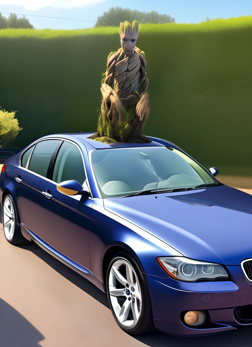 Create me a picture of groot sitting on the hood of a 2005 bmw 530 e60 he will hold a thor hammer