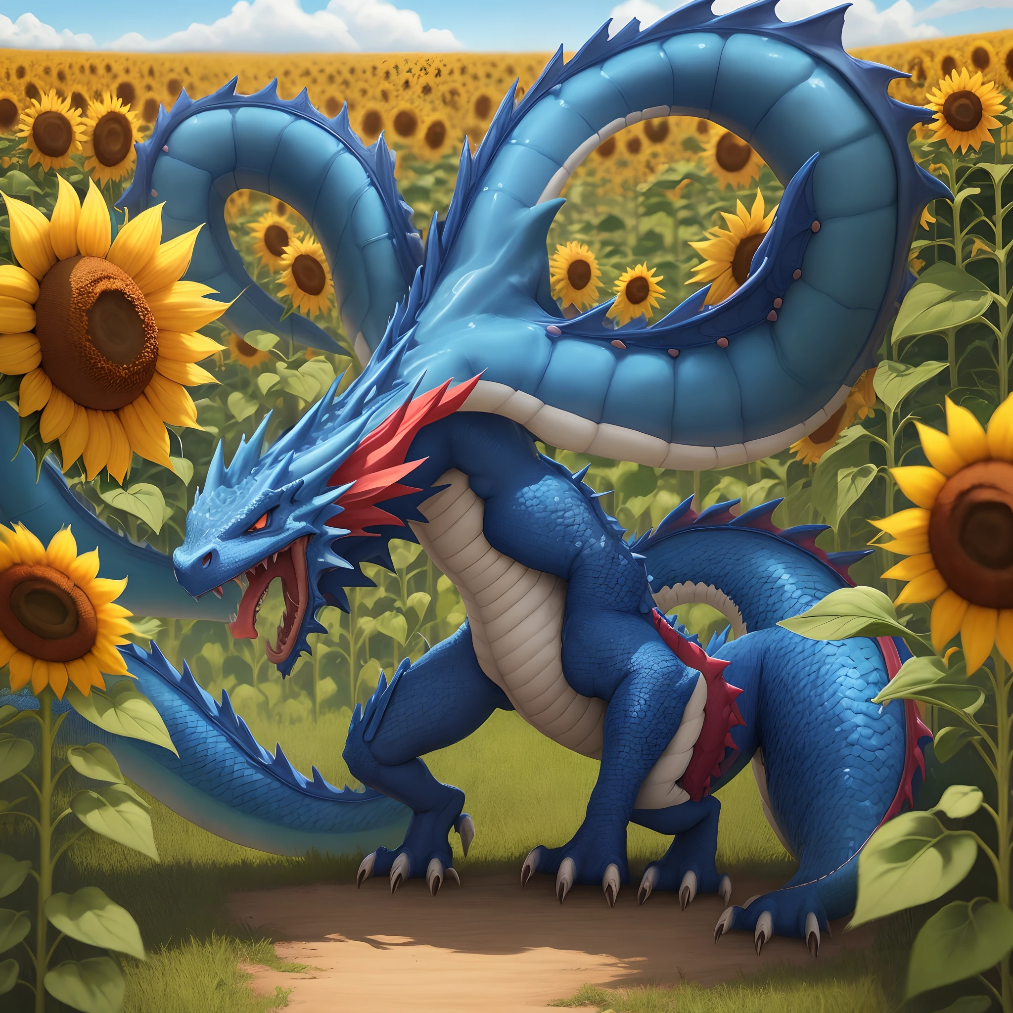 A blue dragon with a cute red mane and a sunflower field