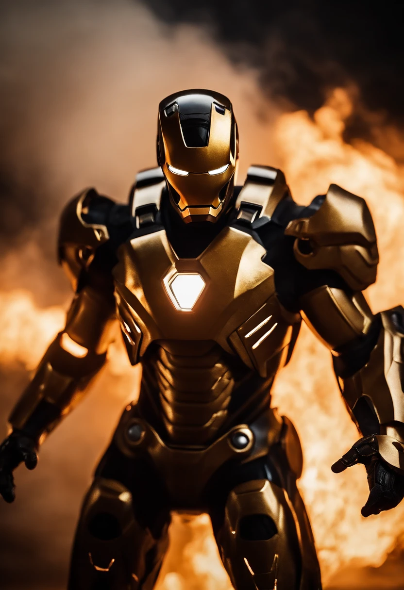 Gold and black Scorpio and Ironman combined, sharp long teeth, fire, explosions, damaged armour