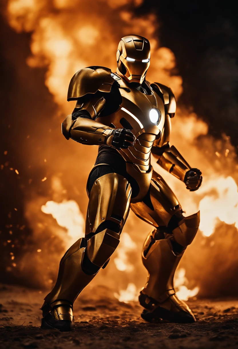 Gold and black Scorpio and Ironman combined, sharp long teeth, fire, explosions, damaged armour
