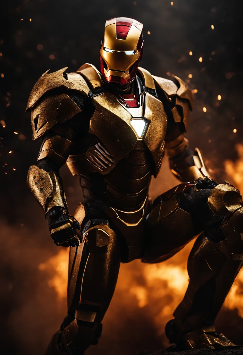 Gold and black Scorpio and Ironman combined, sharp long teeth, fire, explosions, damaged armour