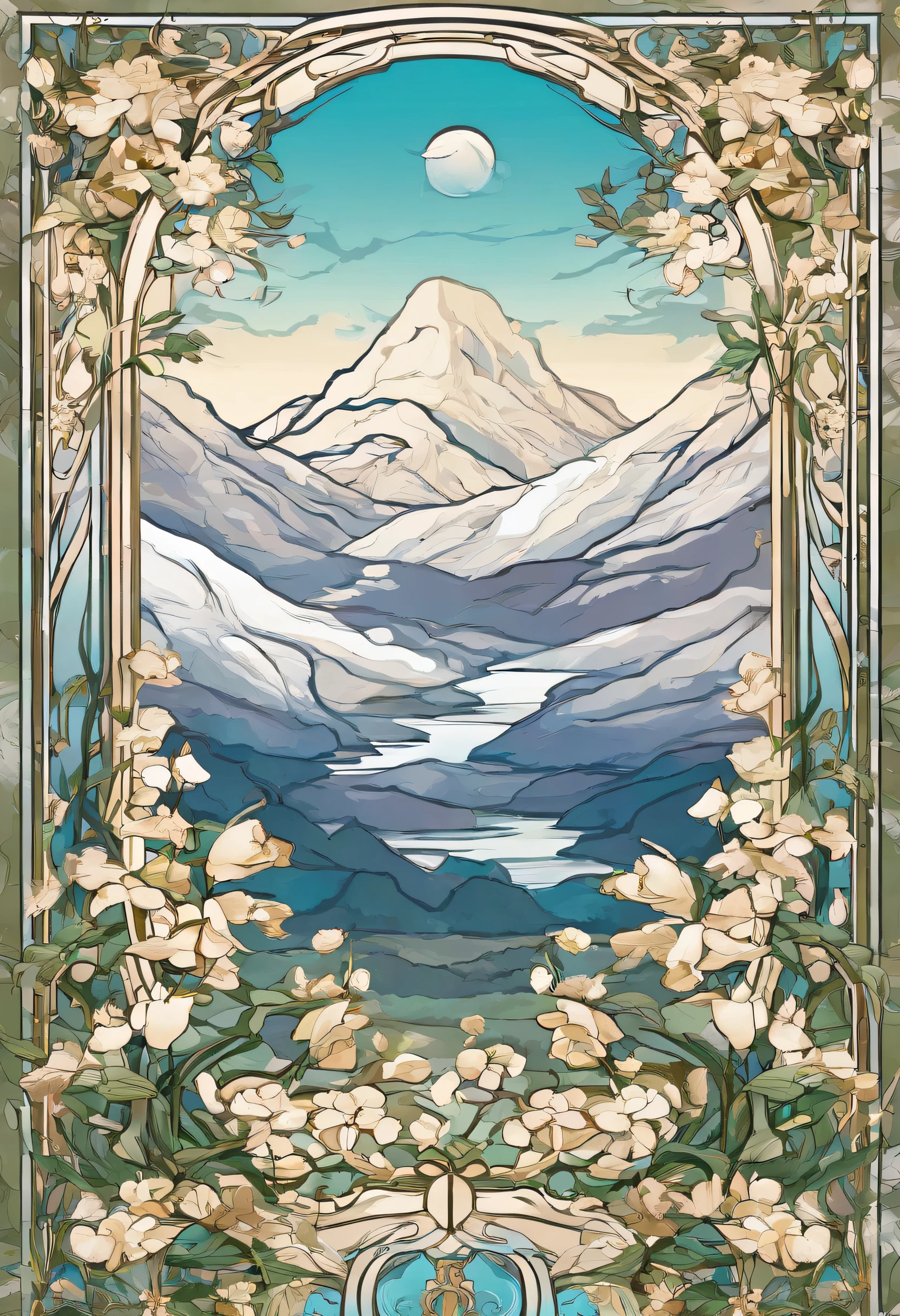(((Masterpiece))),Best quality, snow mountains, scenery, sky, Outdoors,jasmine flowers,