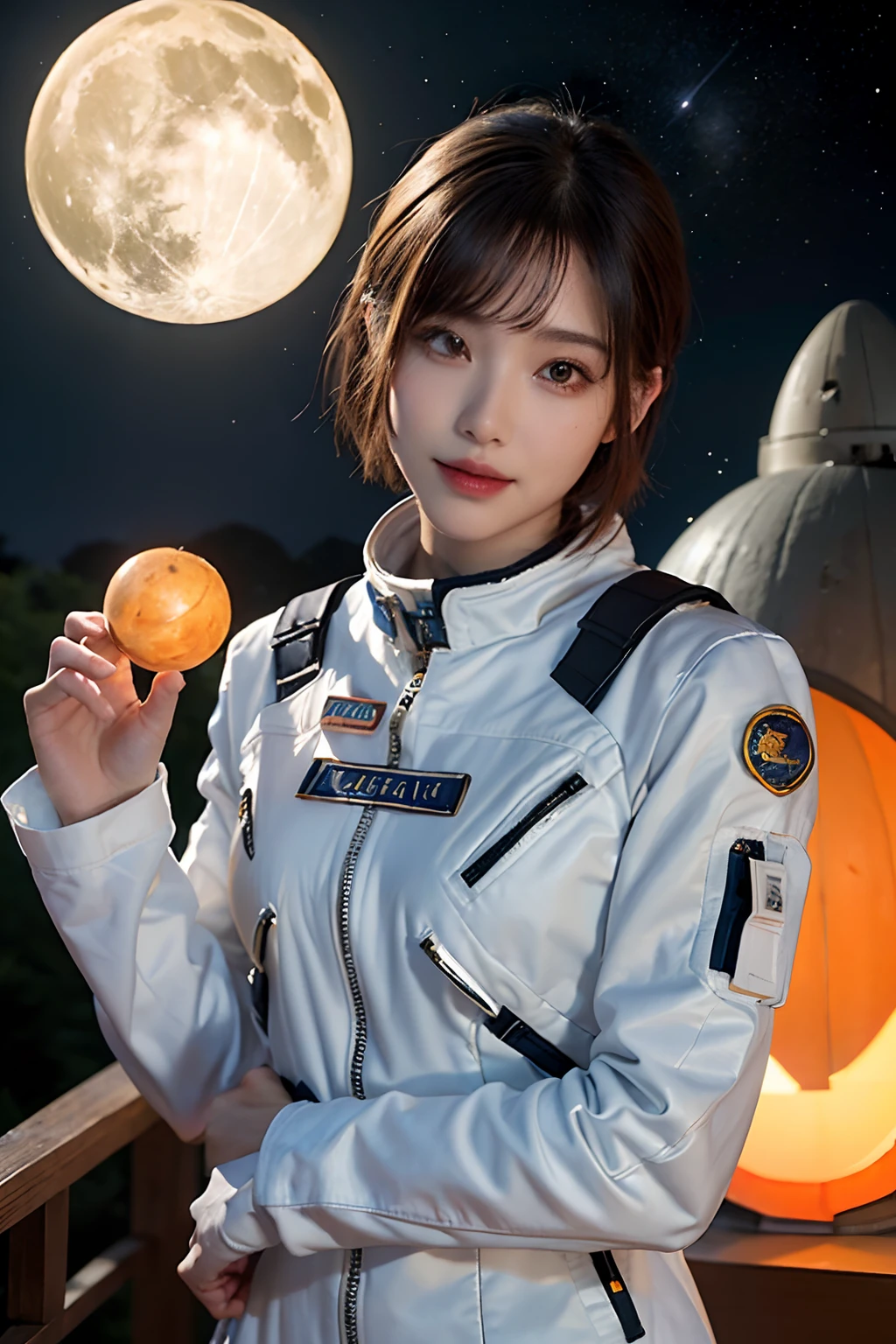 top-quality、masterpiece、超A high resolution、(realisitic:1.4)、Beautuful Women1、Beautiful detail eyes and skin、ssmile、Light brown short-cut hair、The perfect spacesuit、spaceships、cosmic space、Halloween、Full Moon and Jupiter、