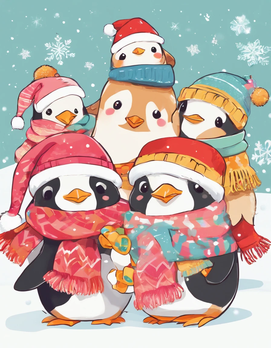 "Design a heartwarming Christmas illustration featuring a group of cheerful penguins adorned in festive scarves and hats, exchanging gifts in a snowy wonderland. Use a soft color palette, and emphasize the joy and camaraderie of the holiday season