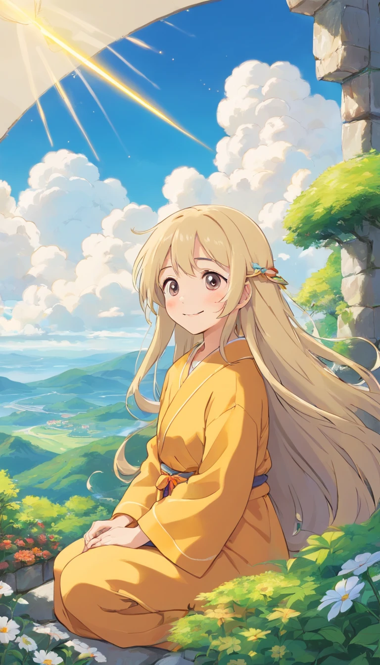 heal,Reject EMO,Very happy,Face life with a smile,rays of sunshine,long whitr hair,Cloud pajamas,Lovely cloud pillows,Cloud quilts,himawari