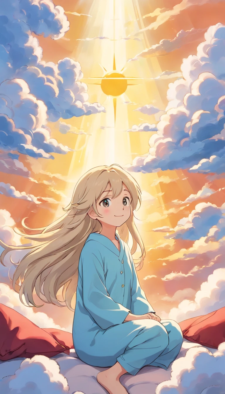 heal，Reject EMO，Very happy，Face life with a smile，rays of sunshine，long whitr hair，Cloud pajamas，Lovely cloud pillows，Cloud quilts，himawari