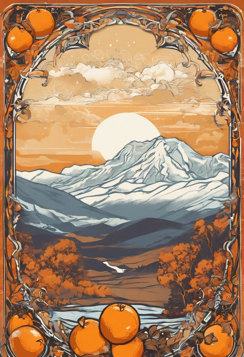 (((Masterpiece))),Best quality, snow mountains, scenery, sky, Outdoors,oranges,Orange trees,Orange fruit