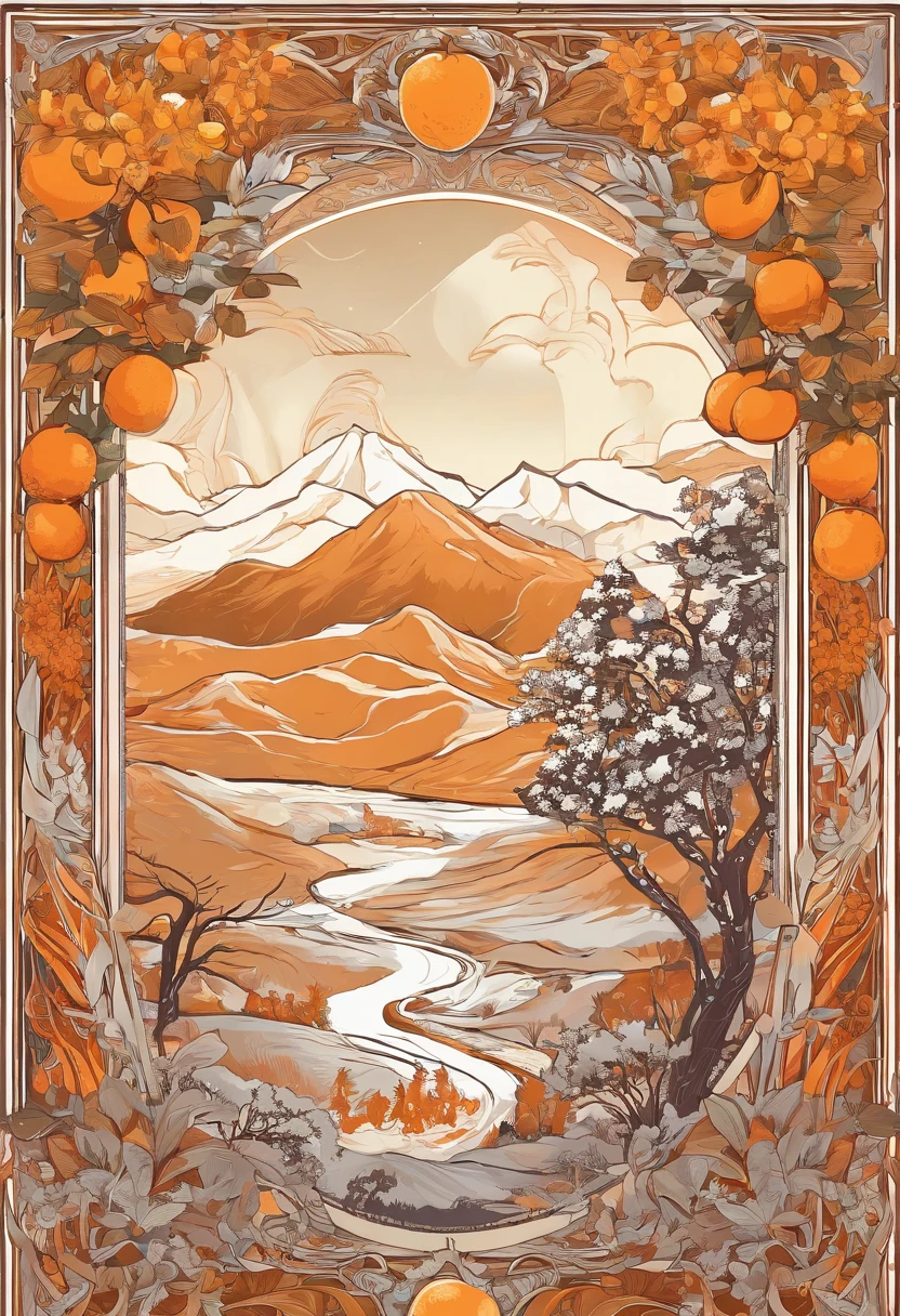 (((Masterpiece))),Best quality, snow mountains, scenery, sky, Outdoors,oranges，Orange trees，Orange fruit