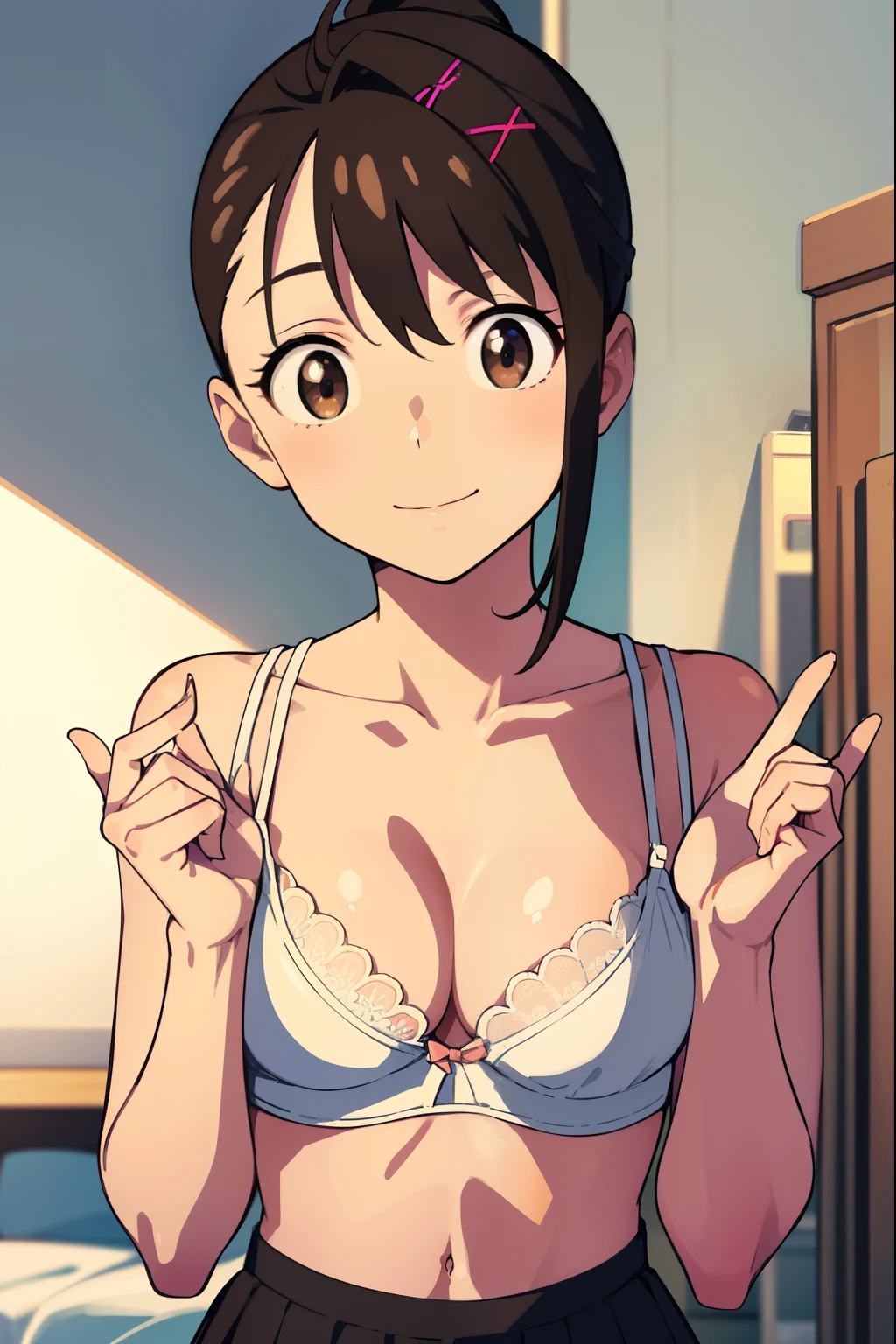 Suzume Iwato, Suzume Iwato, Black hair, (Brown eyes:1.5), Ponytail, hair clips, hair clips, hair pin,
BREAK skirt, Shirt, bow ribbon, Brown eyes, 
BREAK looking at viewer,
Break indoors, crass room,
BREAK (masutepiece:1.2), Best Quality, High resolution, Unity 8k壁纸, (Illustration:0.8), (Beautiful detailed eyes:1.6), extra detailed face, Perfect Lighting, extremely details CG, (Perfect hands, Perfect Anatomy), White bra, White panties,Smile