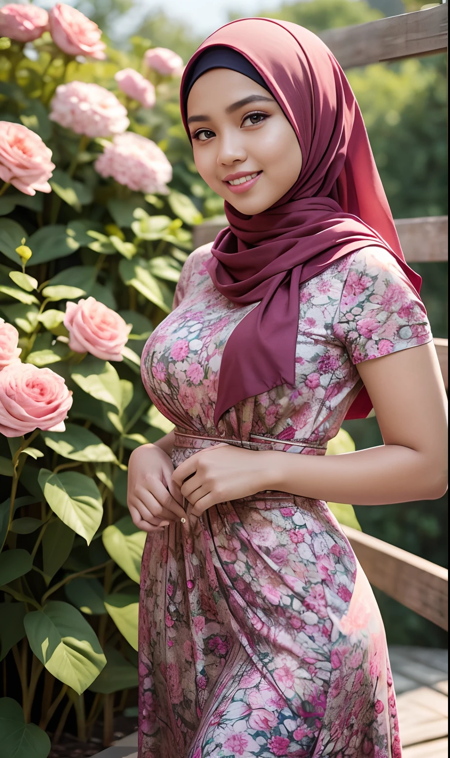 Portrait photography of a beautiful young malay girl in hijab wearing Square Neck Bow Front Floral Jacquard Dress , big breast, catwalk, morningtime, garden flower background, bright lighting, smile and happy gesture, small abs, wide hips, thick thighs, small abs, petite, detail skin texture, 4k, high detail, ultra detail,