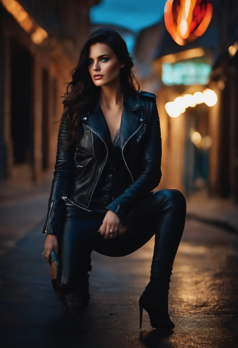 Sexi, dark hair, blue eyes, leather jacket, girl