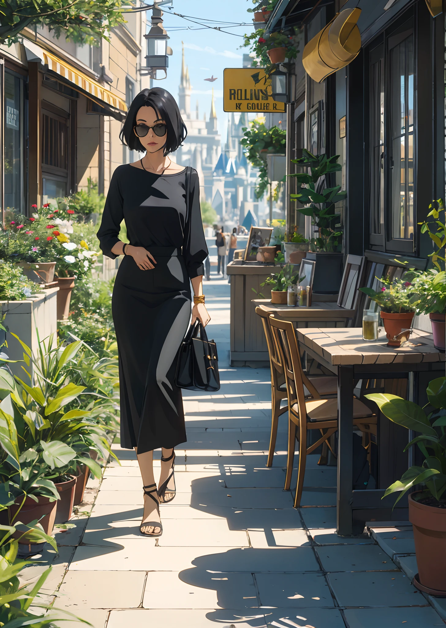 Poster in disney pixar style, a woman with short black hair, a long black denim skirt and a black long sleeve blouse with a neckline on the breasts, with sunglasses and a table next to it and plants and a handbag, Luís Viton's tote bag, on the table she is wearing golden sandals