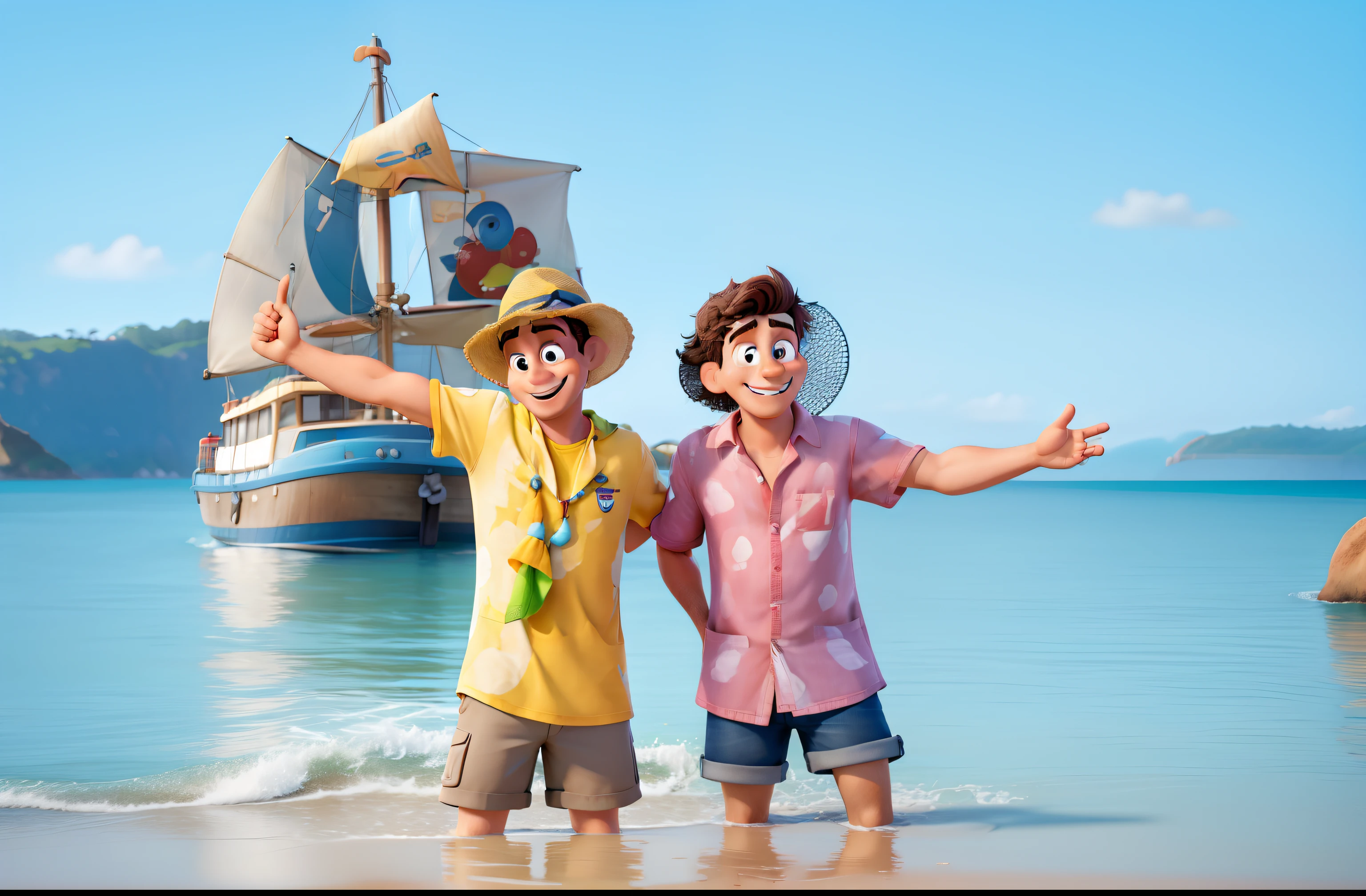 2 homens na praia na frente de  um barco estilo Disney Pixar, alta qualidade, melhor qualidade