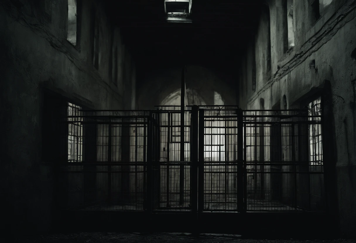 liminal space, prison courtyard, empty, scary, dark, intricate linework, dreadful feeling, fear, scary presence, highres, ultra-detailed, realistic, horror, gloomy atmosphere, dim lighting, chilling vibes, haunting shadows, desolate landscape, towering prison walls, barbed wire fences, cracked concrete floor, eerie silence, foreboding atmosphere, abandoned objects, overgrown weeds, unsettling stillness, gothic architecture, oppressive atmosphere, heavy atmosphere, ominous clouds, moonlit sky, minimalistic color palette, cold colors, sharp contrast, menacing aura, hidden horrors, suffocating atmosphere, uneasy anticipation, supernatural elements, claustrophobic environment, twisted metal structures, discomforting presence, eerie emptiness, gloomy prison cells, lost hope, potential escape, lurking danger, suspenseful mood