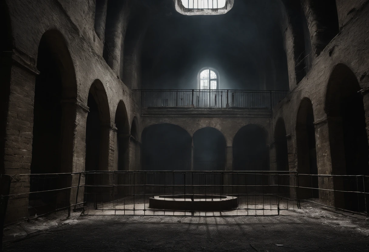 liminal space, prison courtyard, empty, scary, dark, intricate linework, dreadful feeling, fear, scary presence, highres, ultra-detailed, realistic, horror, gloomy atmosphere, dim lighting, chilling vibes, haunting shadows, desolate landscape, towering prison walls, barbed wire fences, cracked concrete floor, eerie silence, foreboding atmosphere, abandoned objects, overgrown weeds, unsettling stillness, gothic architecture, oppressive atmosphere, heavy atmosphere, ominous clouds, moonlit sky, minimalistic color palette, cold colors, sharp contrast, menacing aura, hidden horrors, suffocating atmosphere, uneasy anticipation, supernatural elements, claustrophobic environment, twisted metal structures, discomforting presence, eerie emptiness, gloomy prison cells, lost hope, potential escape, lurking danger, suspenseful mood