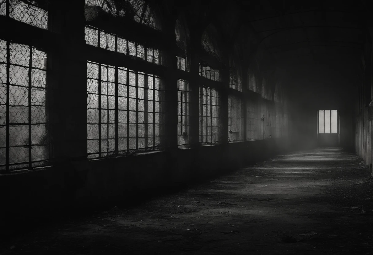 liminal space, prison courtyard, empty, scary, dark, intricate linework, dreadful feeling, fear, scary presence, highres, ultra-detailed, realistic, horror, gloomy atmosphere, dim lighting, chilling vibes, haunting shadows, desolate landscape, towering prison walls, barbed wire fences, cracked concrete floor, eerie silence, foreboding atmosphere, abandoned objects, overgrown weeds, unsettling stillness, gothic architecture, oppressive atmosphere, heavy atmosphere, ominous clouds, moonlit sky, minimalistic color palette, cold colors, sharp contrast, menacing aura, hidden horrors, suffocating atmosphere, uneasy anticipation, supernatural elements, claustrophobic environment, twisted metal structures, discomforting presence, eerie emptiness, gloomy prison cells, lost hope, potential escape, lurking danger, suspenseful mood
