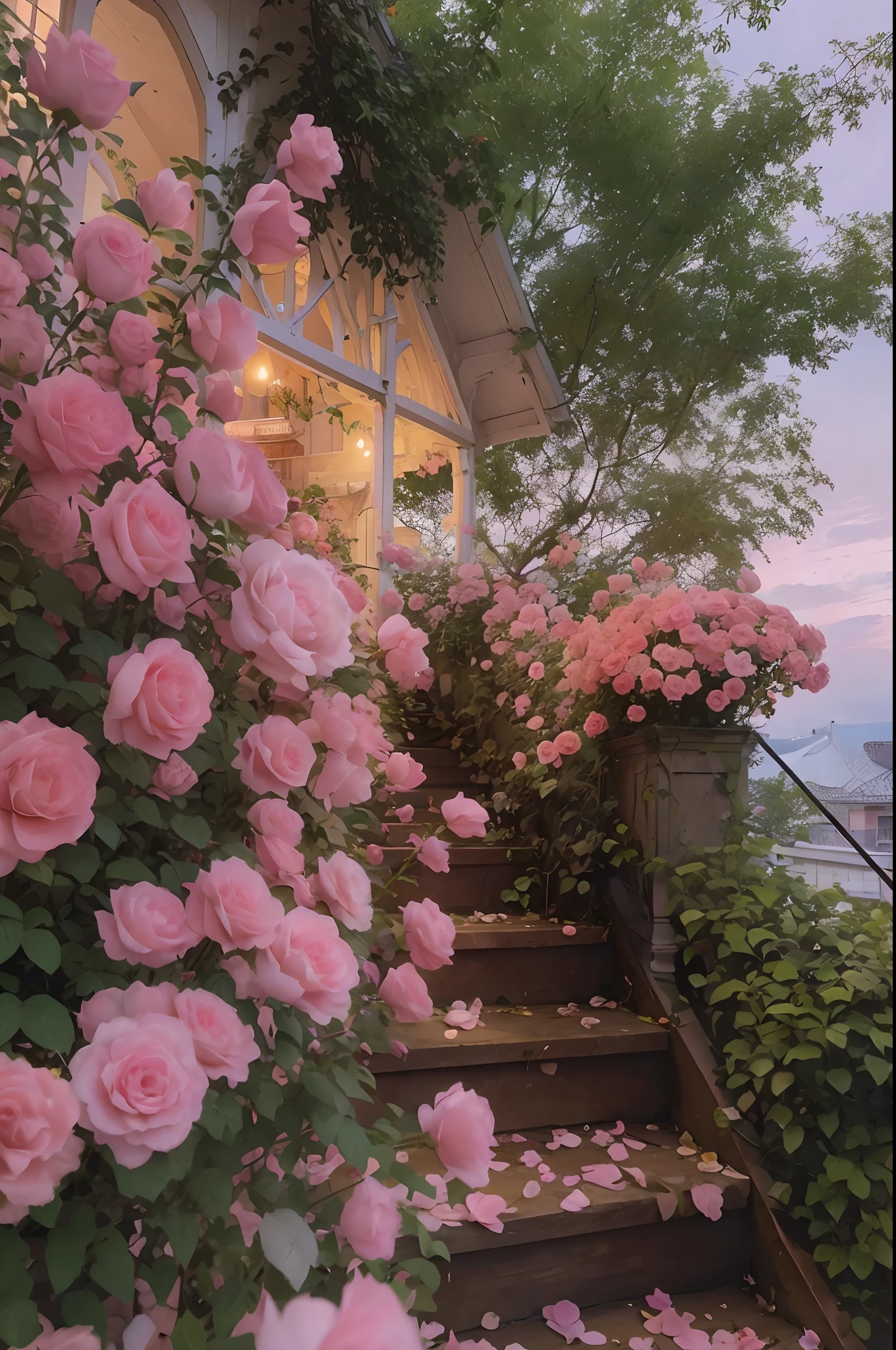 The steps of the house are covered with pink roses, Beautiful and aesthetic, dreamy aesthetic, with soft pink colors, in a cottagecore flower garden, Rose garden, rosette, nature and floral aesthetics, cottagecore, 🌺 CGSesociety, cottagecore!!, cottagecore flower garden, Aesthetics, Beautiful image, beautiful aesthetic