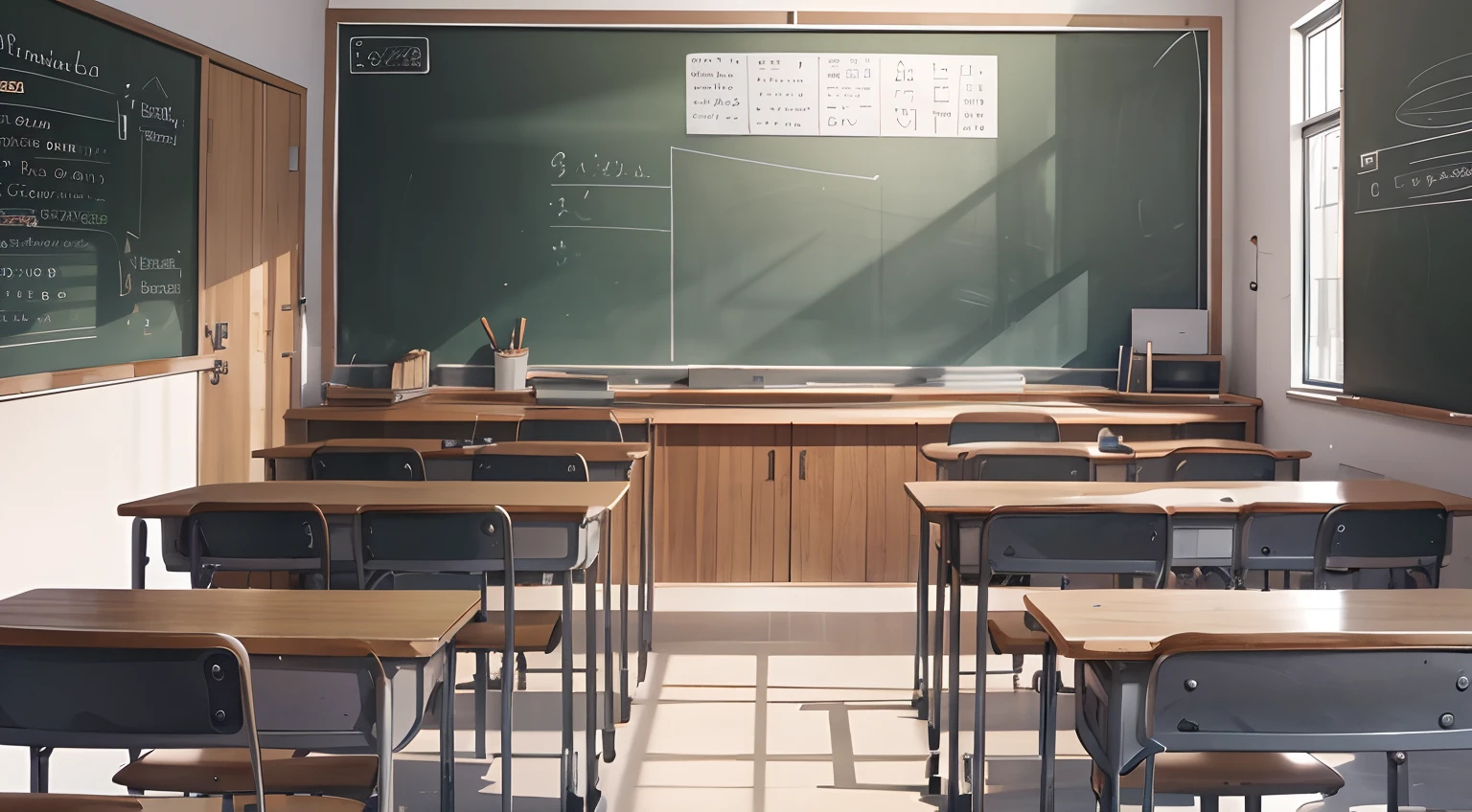 POV of sitting in a classroom, centered, high resolution, 8k, chalkboard at front of class