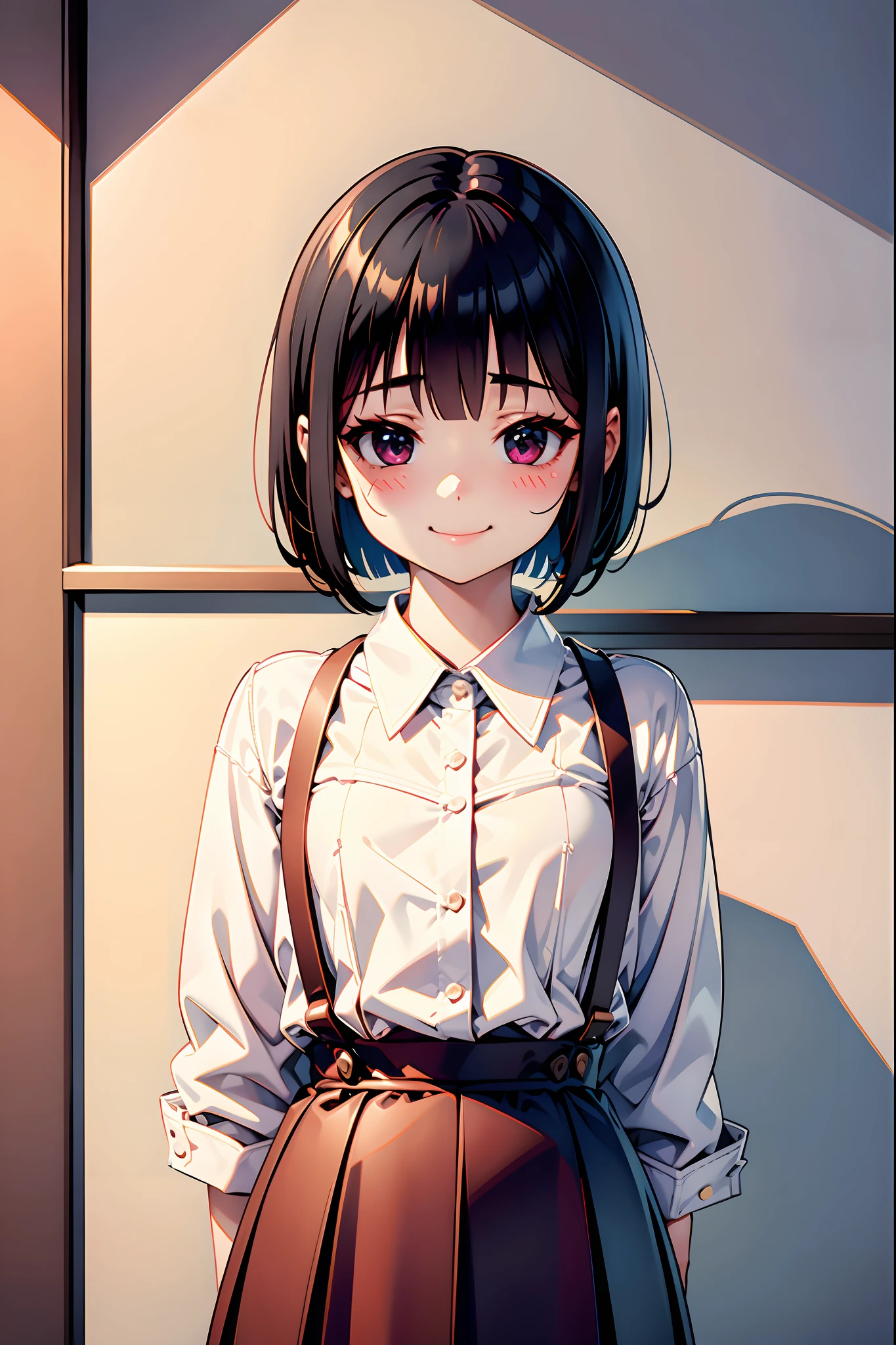 1girl, hanako-san, dress shirt, harf-sleeve, red suspender skirt, blush, smile, bob cut, black hair,