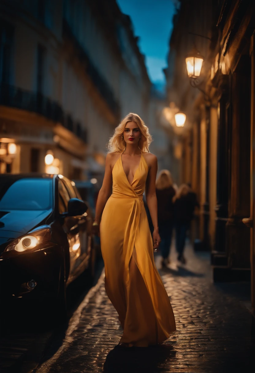 Blonde Chic Night Out, centre ville dans la rue avec beau sourir