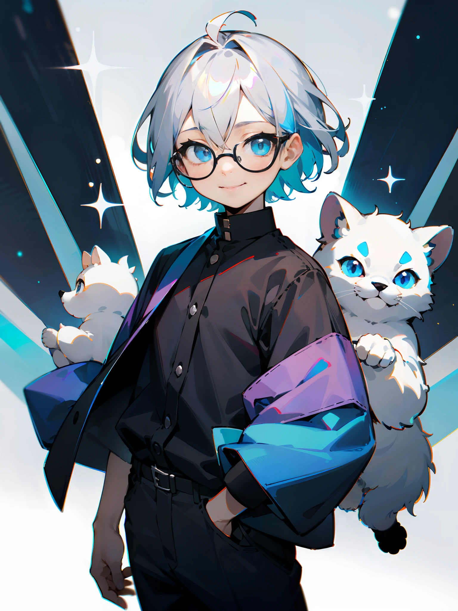 (Male 、Black glasses、blue eyess、 silber hair、A smile、a cool),独奏,cowboy shot,Iridescent background