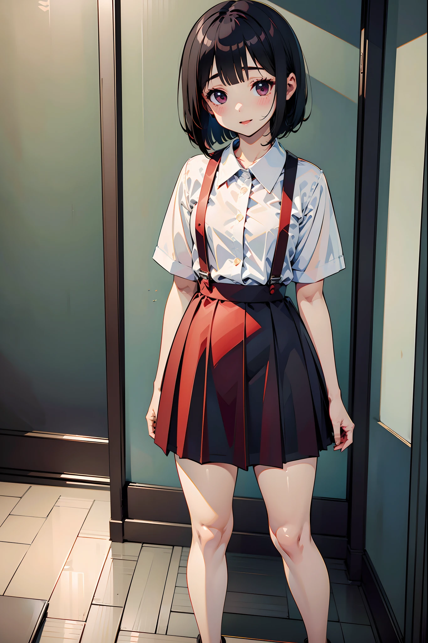 1girl, hanako-san, dress shirt, short sleeve, red suspender skirt, blush, :D, bob cut, black hair,