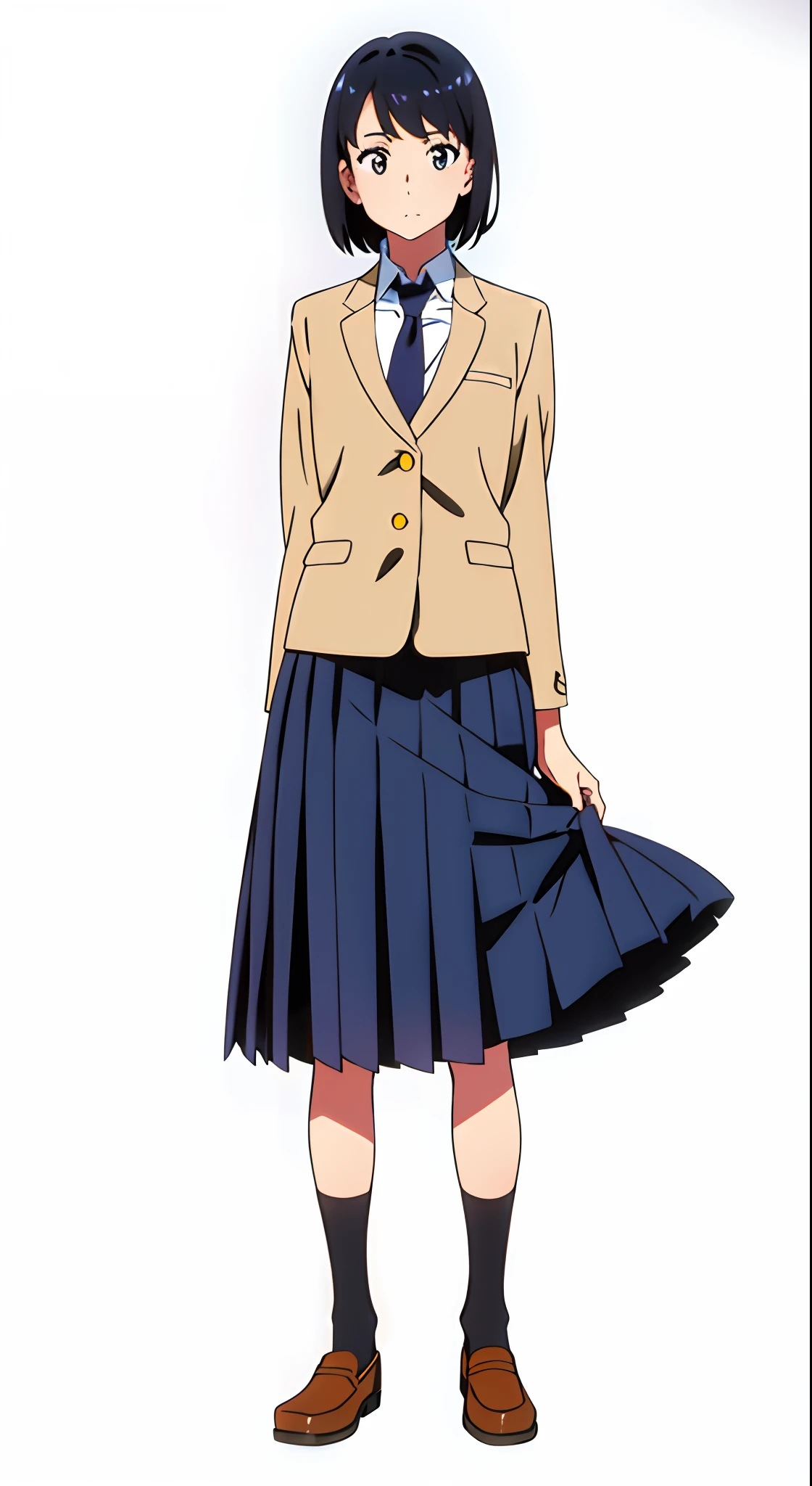 (white background:1.0), (best quality:1.0), (masterpiece:1.0), (full body:1.0), (solo:1.0), (a cute 18yo girl:1.0), (long skirt:1.0), (dark blue skirt:1.0), (pleated skirt:1.0), (school uniform beige blazer:1.0), (dark blue necktie:1.0), (black socks:1.0), (loafers:1.0), (lanky:1.0), (tall:1.0), (slender:1.0), (small breasts:1.0), (detailed beautiful eyes:1.0), (detailed beautiful face:1.0), (glowing black eyes:1.0), (short hair:1.0), (strait hair:1.0), (black hair:1.0)