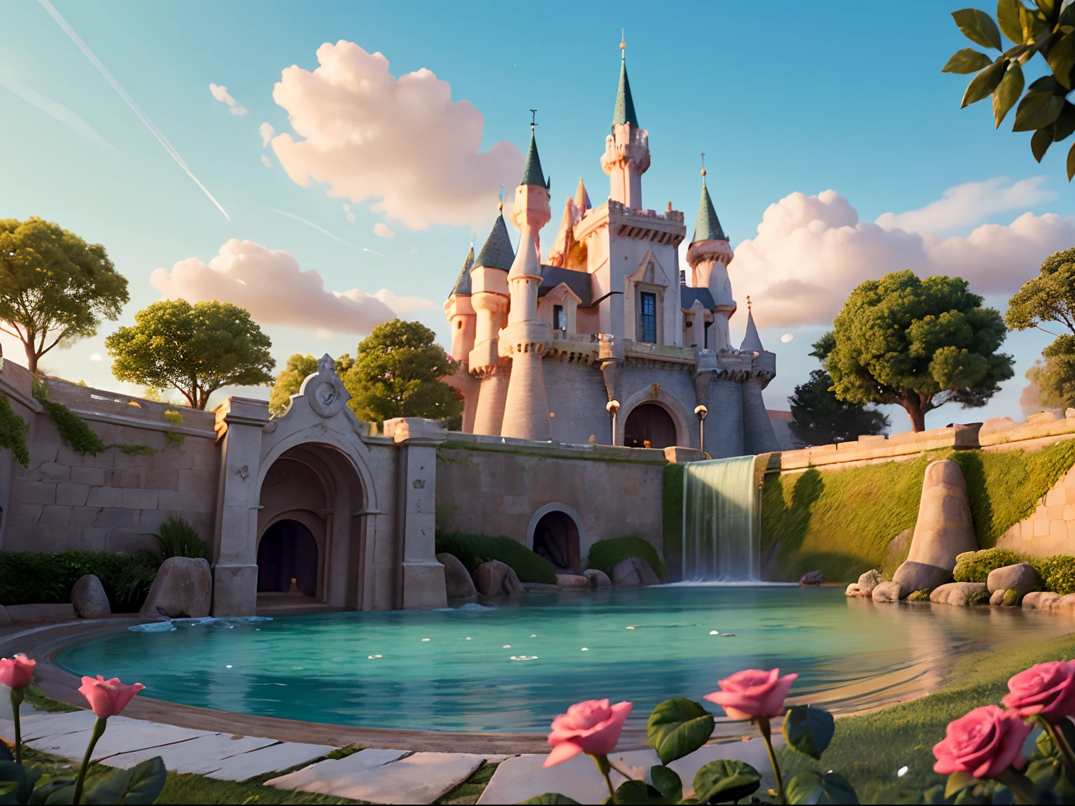 Epic CG matte paint, wide view, pale green clouds, Castelo da Disney, jardim cheio de flores nas nuvens, a few drops of water falling from the clouds, A sea of pale green roses, Imagens HD, Motor irreal, ArtStation 4k HD trend