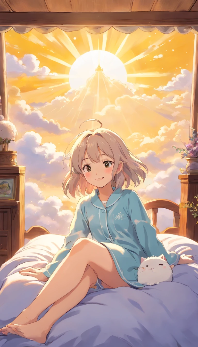 heal,Reject EMO,Very happy,Very happy,Face life with a smile,rays of sunshine,long whitr hair,Cloud pajamas,Lovely cloud pillows,Kitten pillow