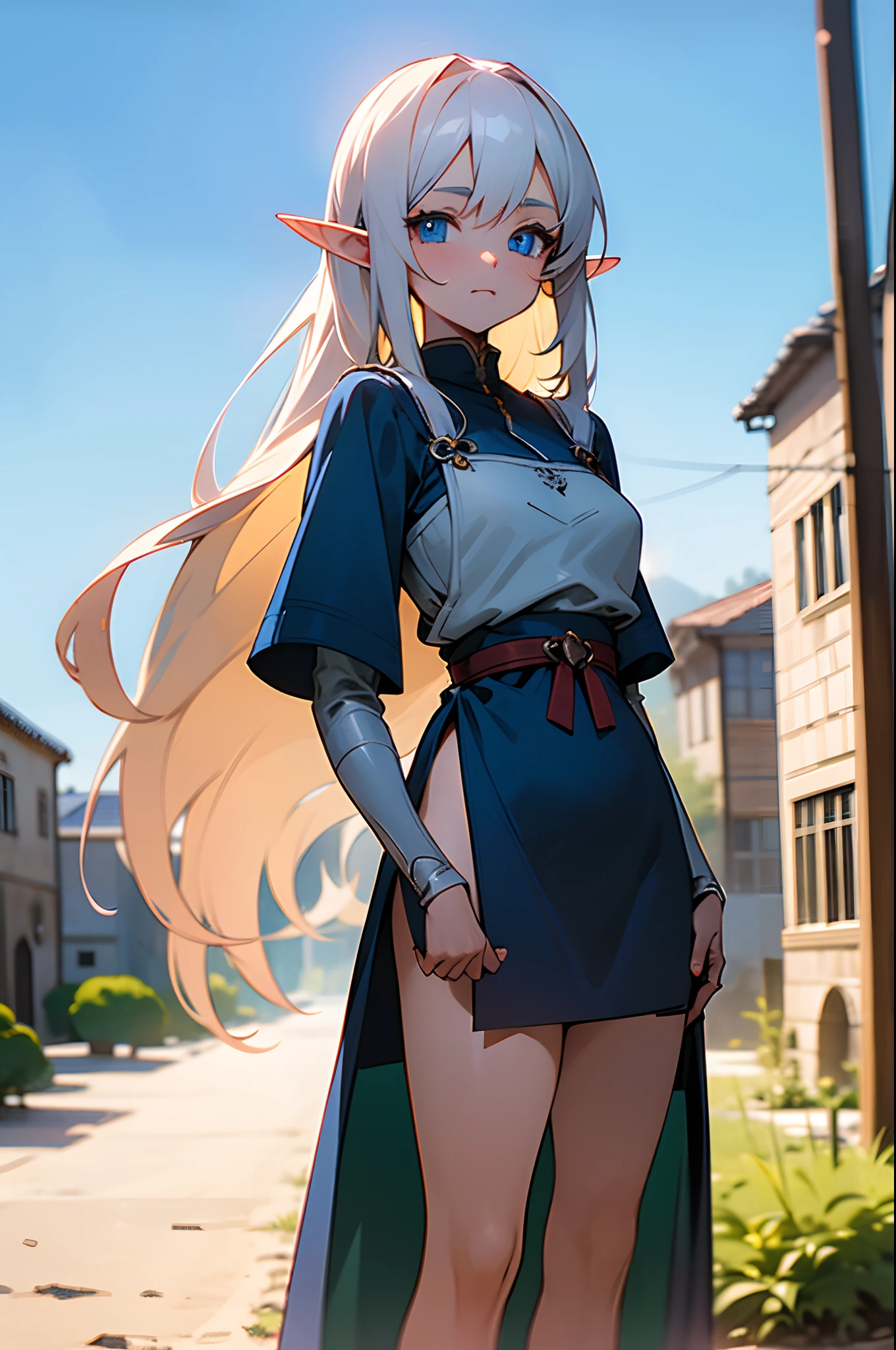 Anime elf girl with white long hairs and blue eyes. Wearing blue medieval dress. Standing at the dirt road. Medieval city. masterpiece, 8k, ultrasharp, supersharp, perfect anatomy, perfect body, cute face, blue sky,