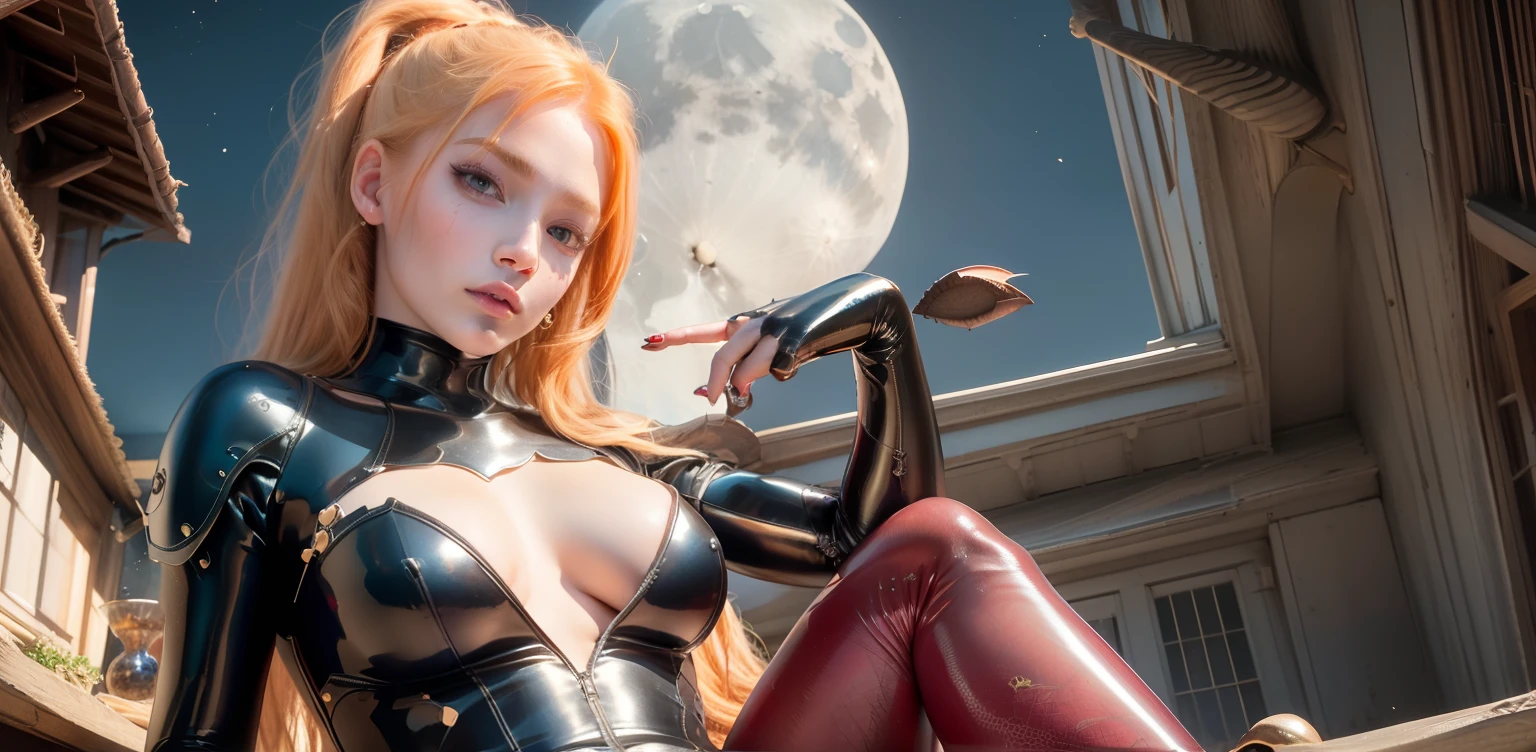 best quality, masterpiece, (realistic:1.2), 1girl, strawberry blonde hair, red eyes,Front, detailed face, beautiful eyes, bat wings, sitting one floor, bats, blue bodysuit, ponytail, vampire, cloud, moon, solo, high quality face, tech bodysuit, night, dusk, full moon, swarm of bats