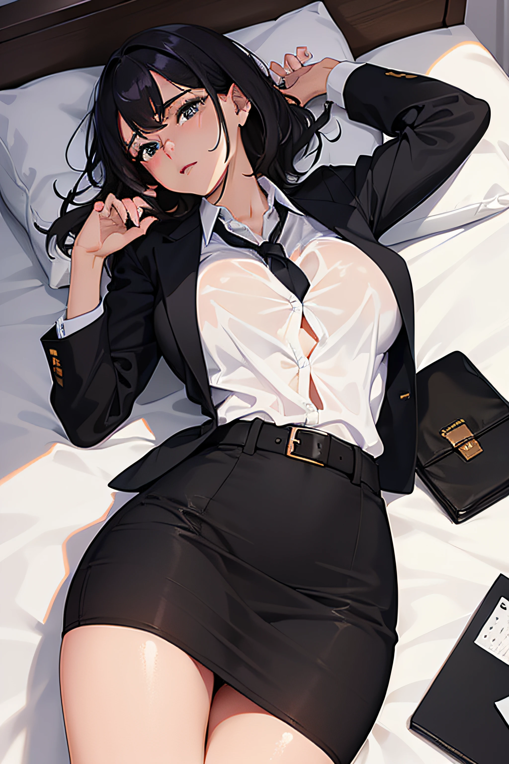 1 female teacher, Night, cabelos preto e longos, Office Uniform , pencil skirts, Home, Wet, lying on bed Sexy underwear Chest Emphasis Pose Wheezing