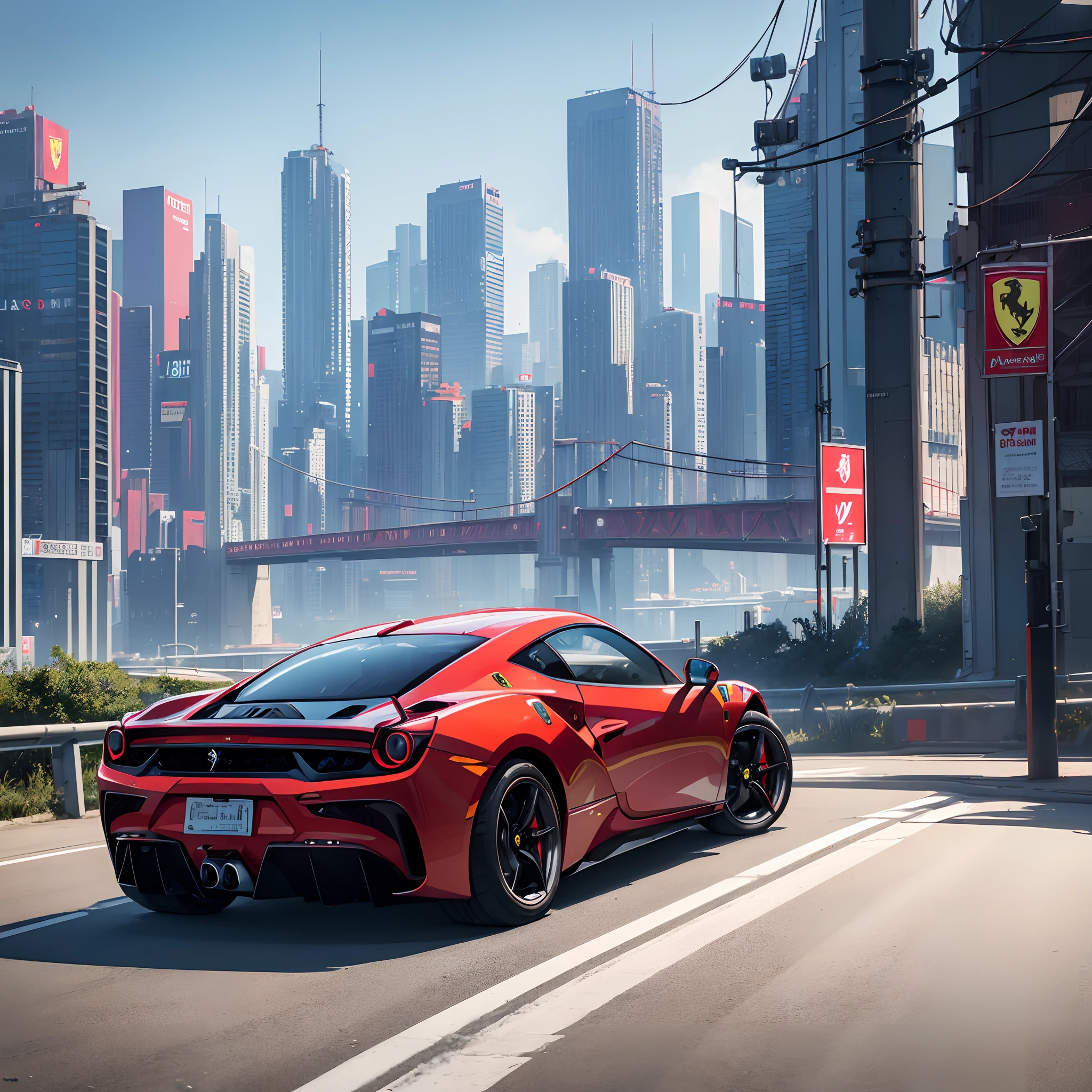 (Best quality, 8k, Masterpiece :1.2), hyper realistic, cyberpunk, at a mountain, an detailed red Ferrari 488, Speeding on the highway, (Facing the audience), The blue skyscraper in the background, at night,